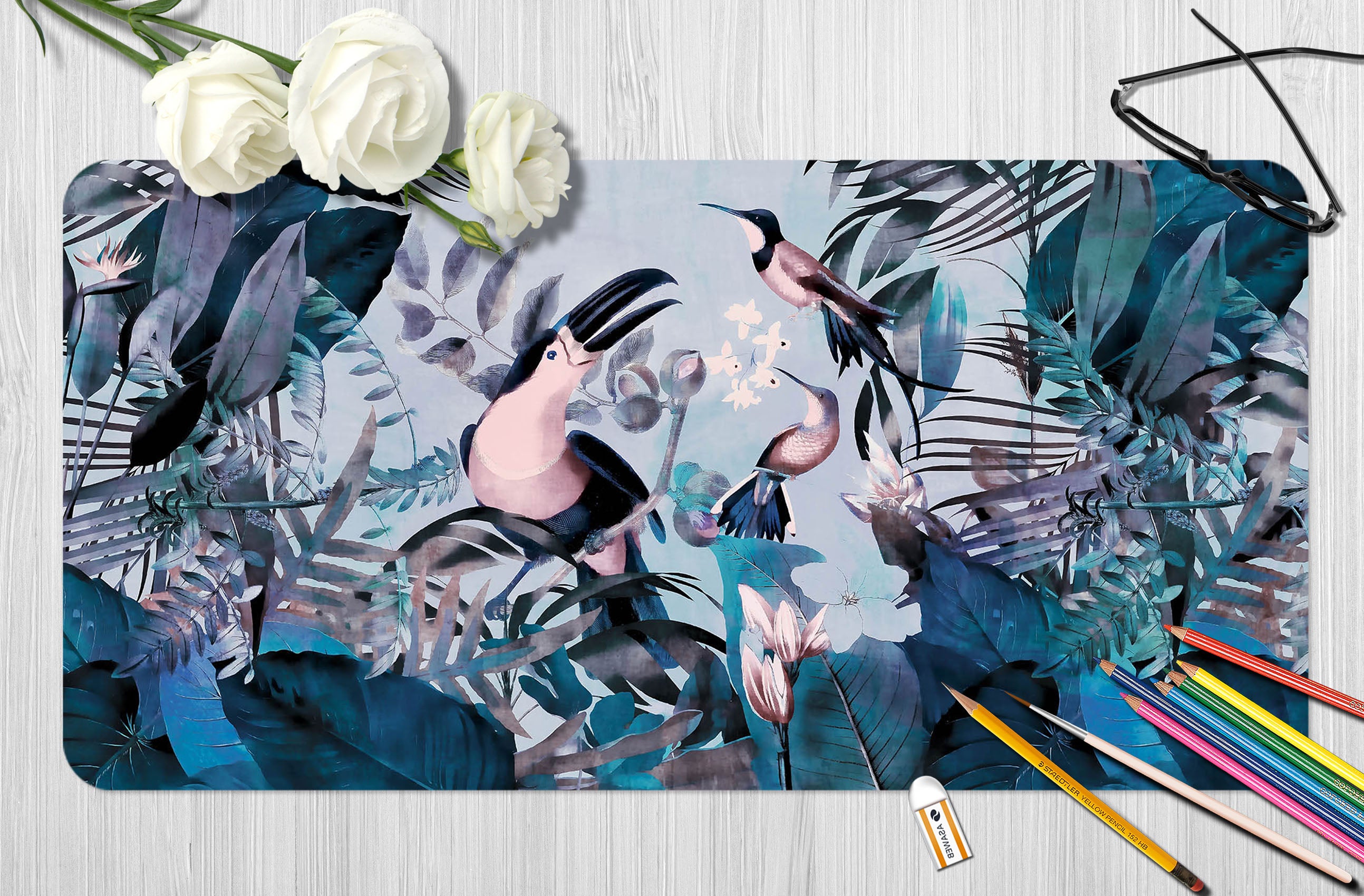 3D Dark Leaves Bird 987 Andrea Haase Desk Mat