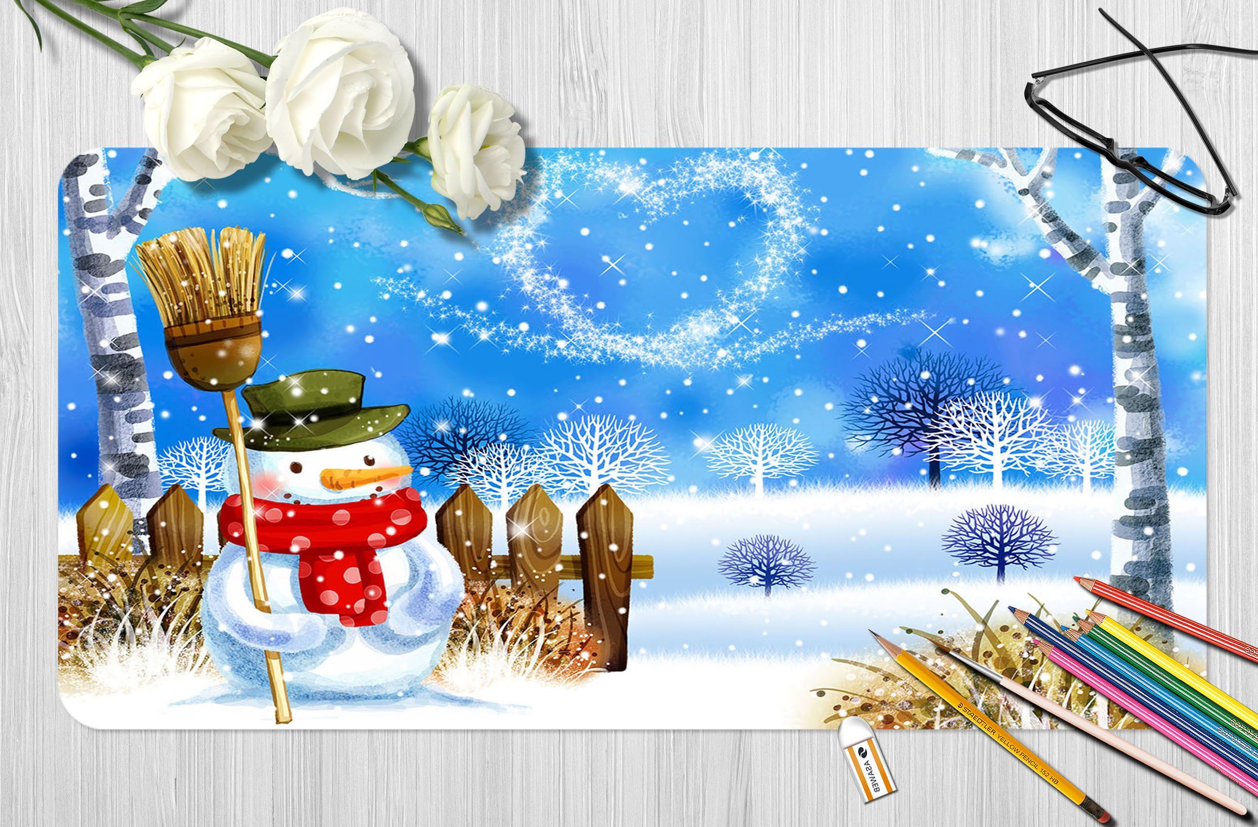 3D Snowman Love Cloud 055 Desk Mat Mat AJ Creativity Home