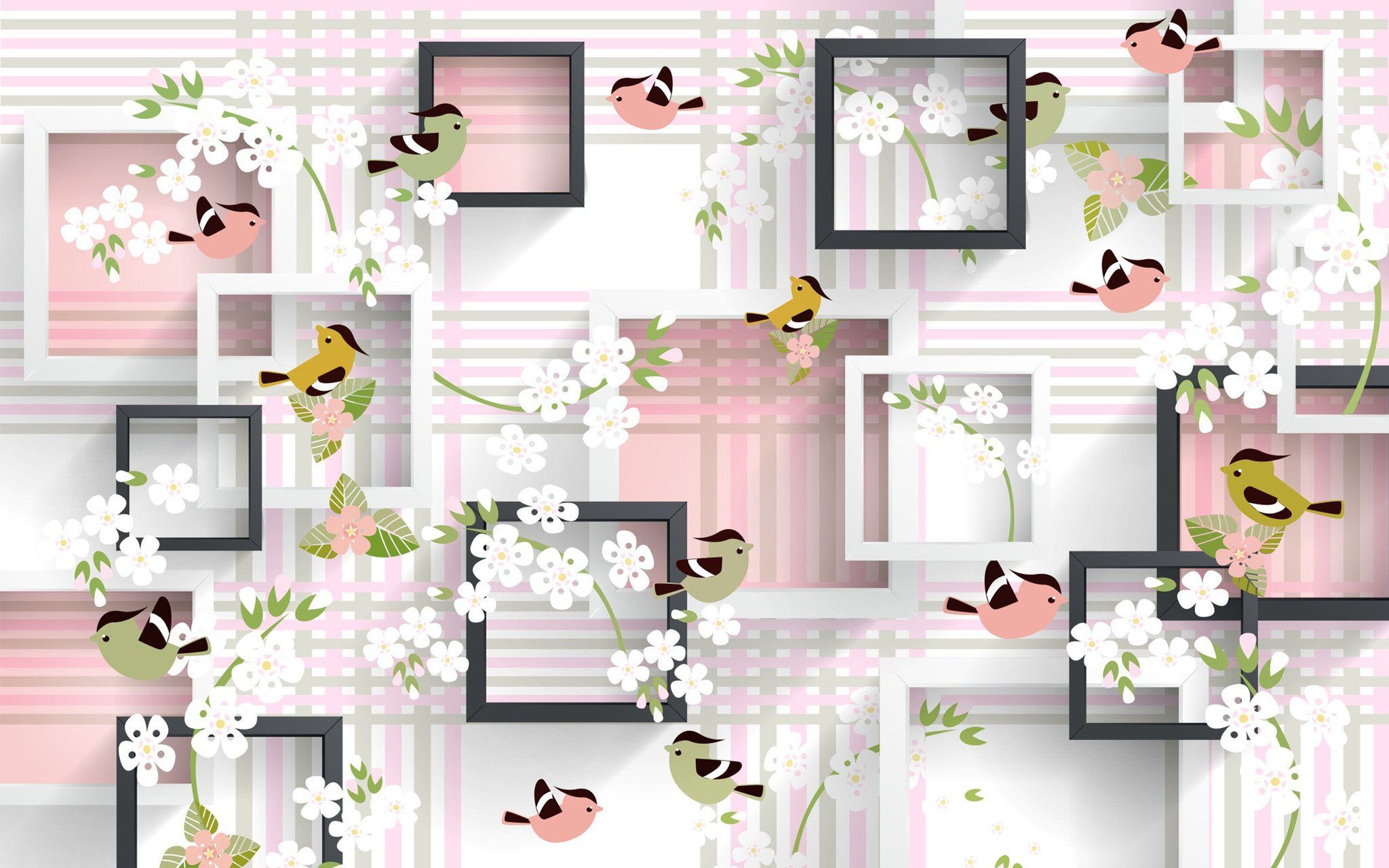 Flowers Birds Frames Stripes Wallpaper AJ Wallpaper