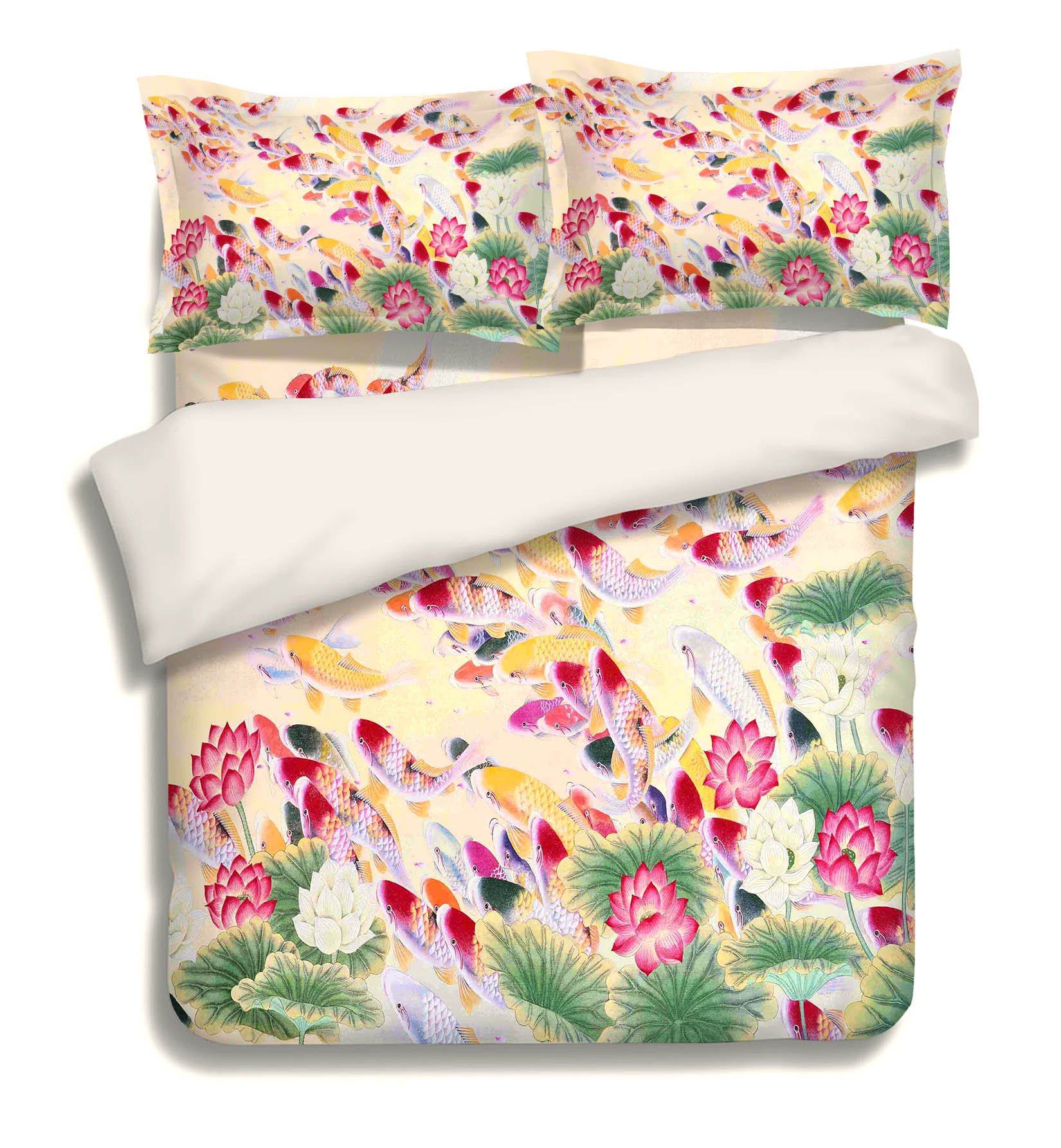 3D Fishes Flowers 2 Bed Pillowcases Quilt Wallpaper AJ Wallpaper