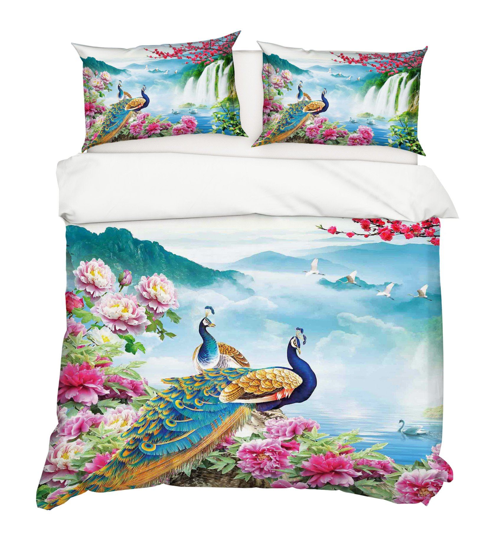 3D Waterfall Peacock 197 Bed Pillowcases Quilt Wallpaper AJ Wallpaper