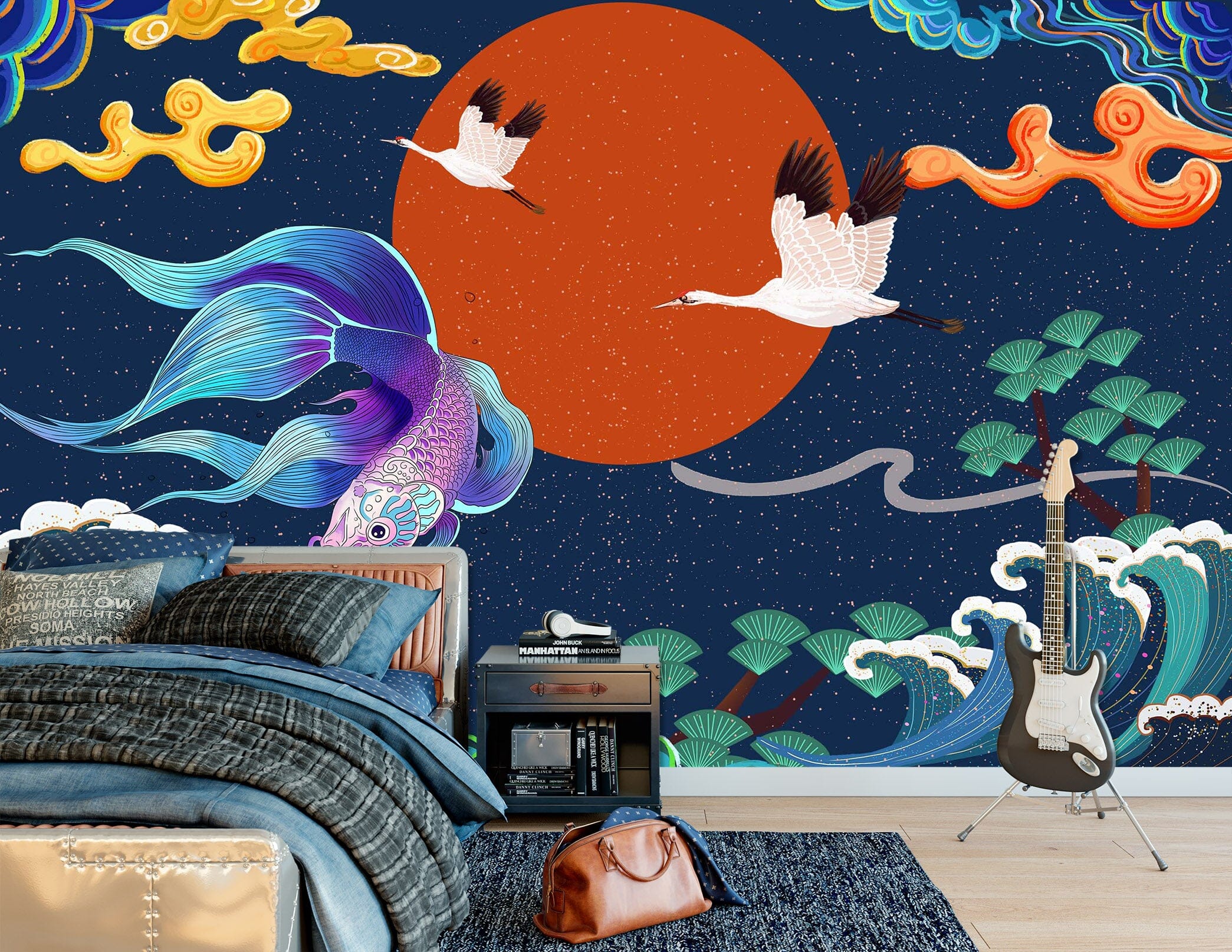 3D Chinoiserie Blue Fish 1390 Wall Mural Wall Murals Wallpaper AJ Wallpaper 2