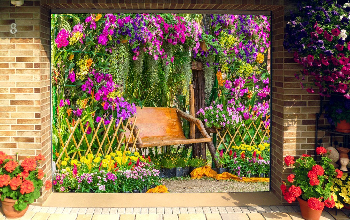 3D Flowers Fence Bench 128 Garage Door Mural Wallpaper AJ Wallpaper