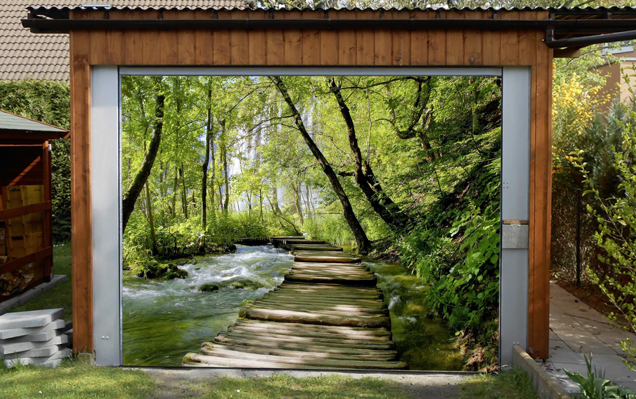 3D Forest River Wood Bridge 332 Garage Door Mural Wallpaper AJ Wallpaper