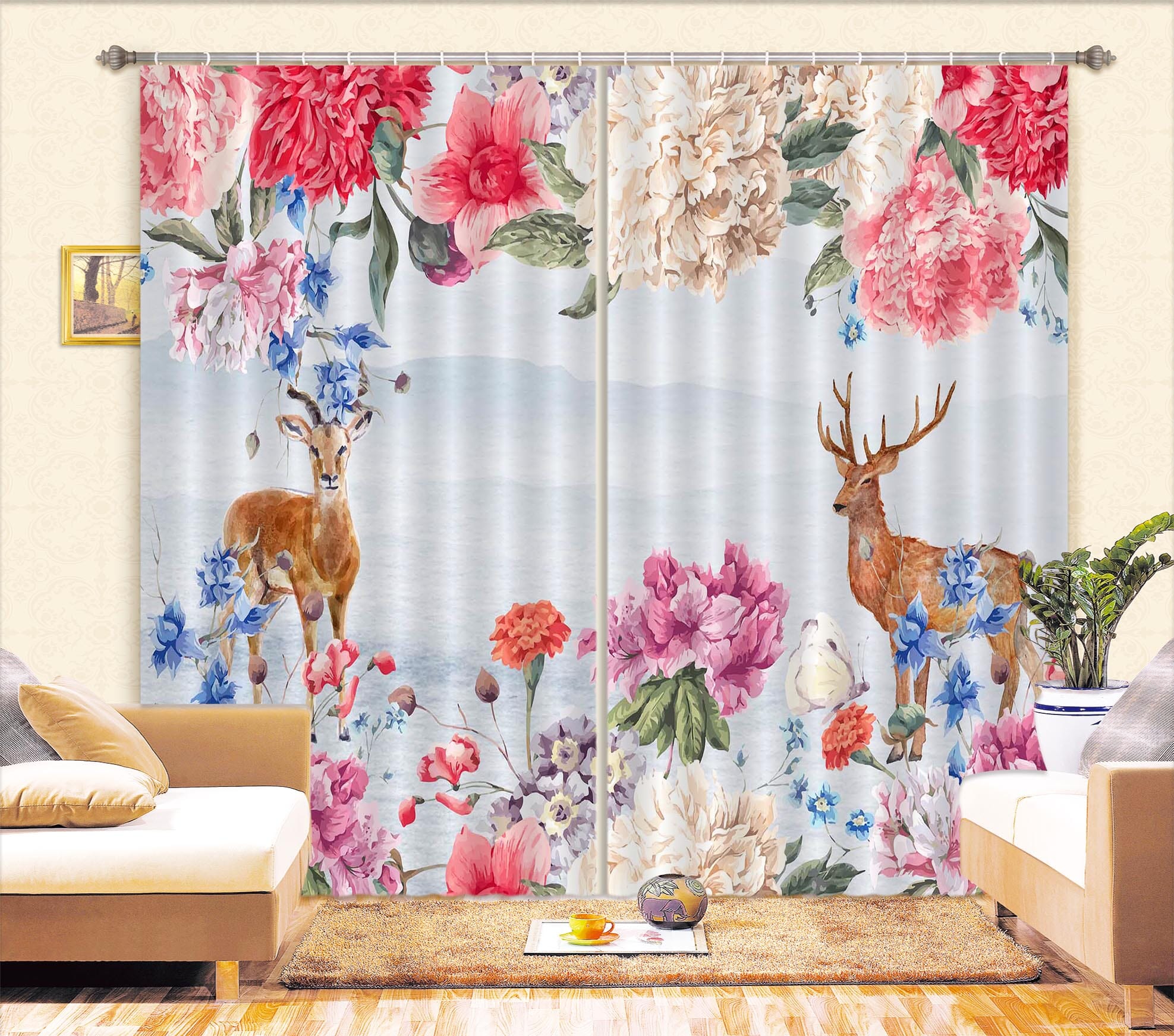 3D Flower Deer 863 Curtains Drapes Wallpaper AJ Wallpaper