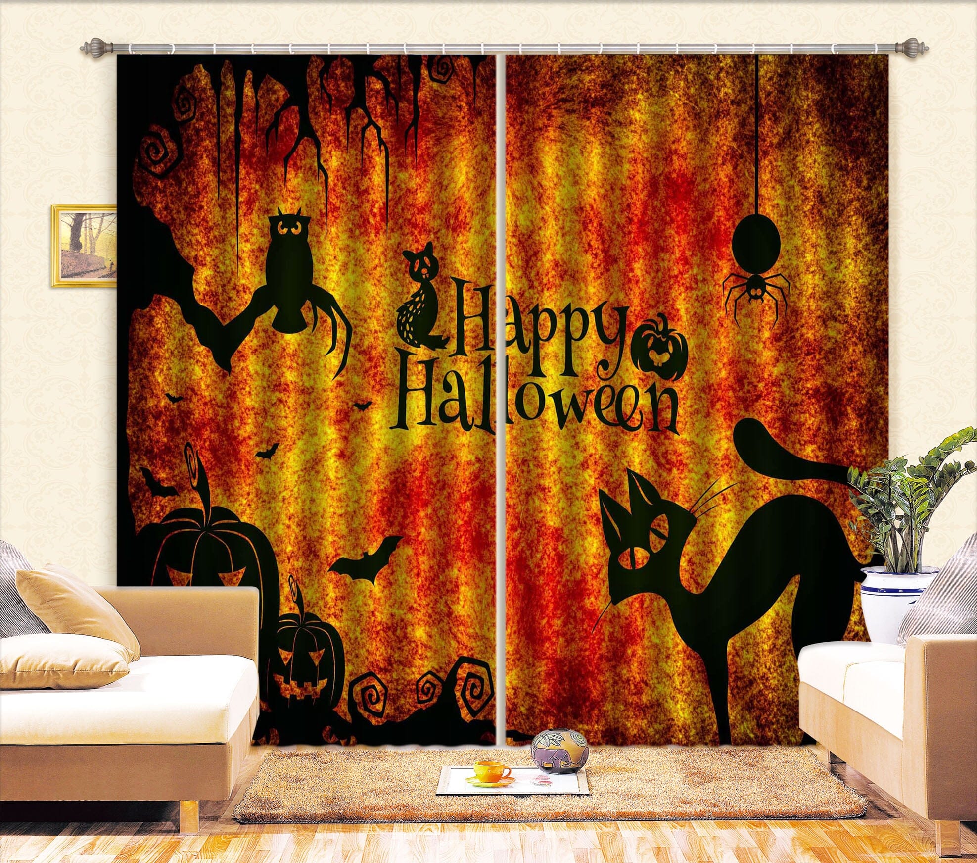 3D Pumpkin Black Cat 035 Halloween Curtains Drapes Curtains AJ Creativity Home