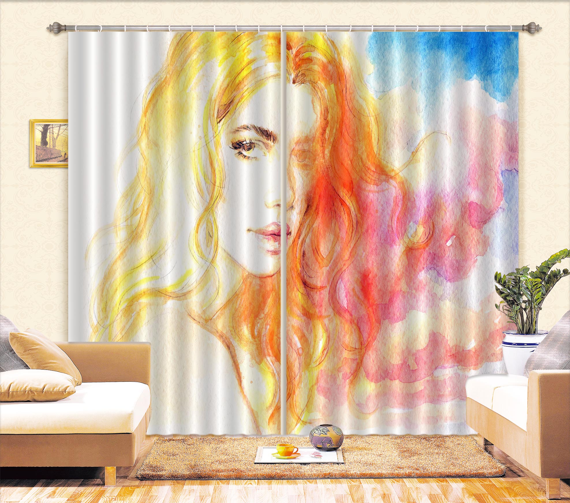 3D Blonde Woman 058 Curtains Drapes