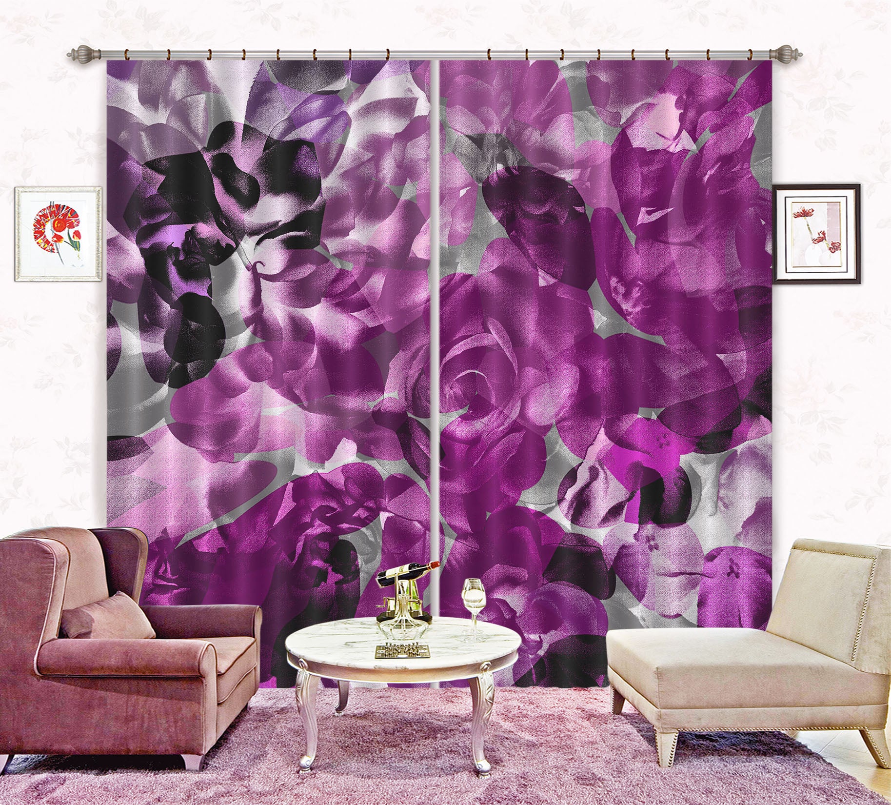 3D Purple Flowers 19174 Shandra Smith Curtain Curtains Drapes