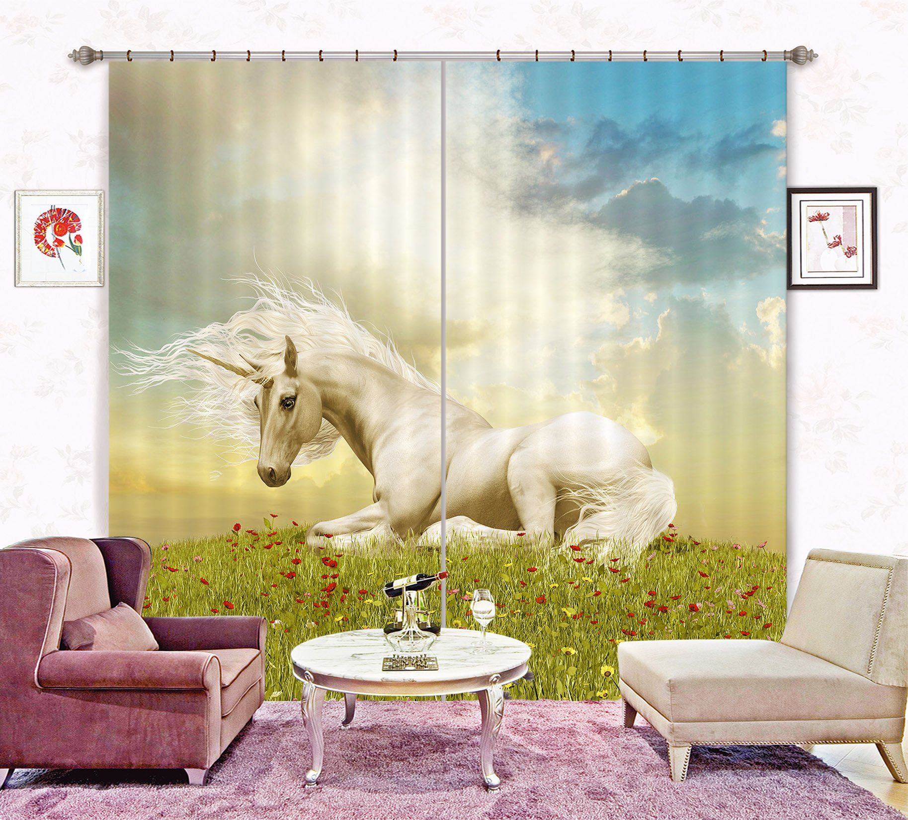 3D Red Flower Rest Unicorns 119 Curtains Drapes Curtains AJ Creativity Home