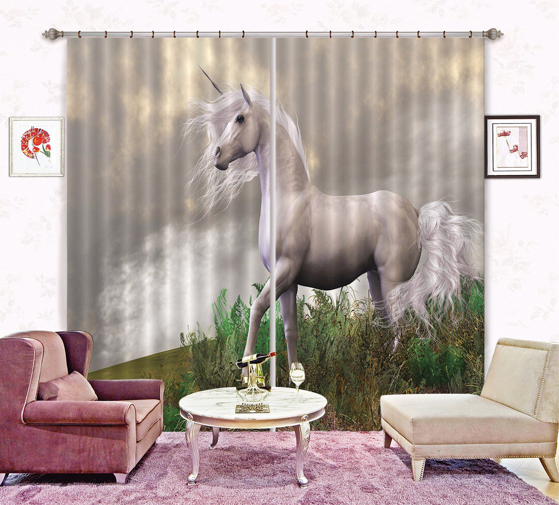 3D Meadow Unicorn 070 Curtains Drapes Curtains AJ Creativity Home