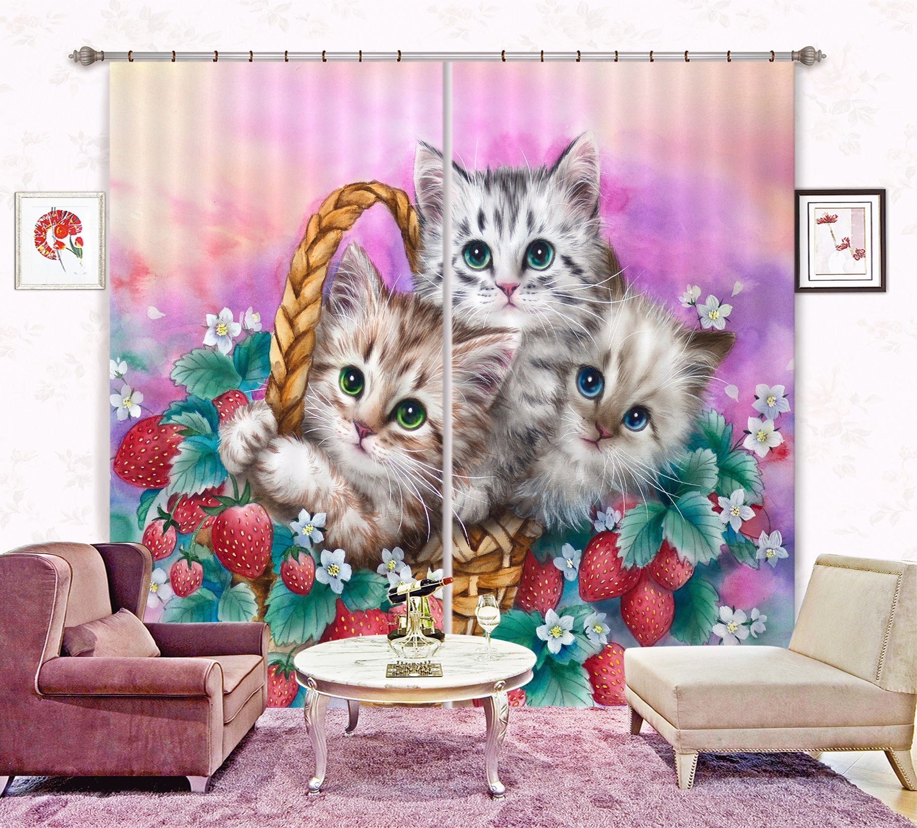3D Strawberry Cat 9058 Kayomi Harai Curtain Curtains Drapes