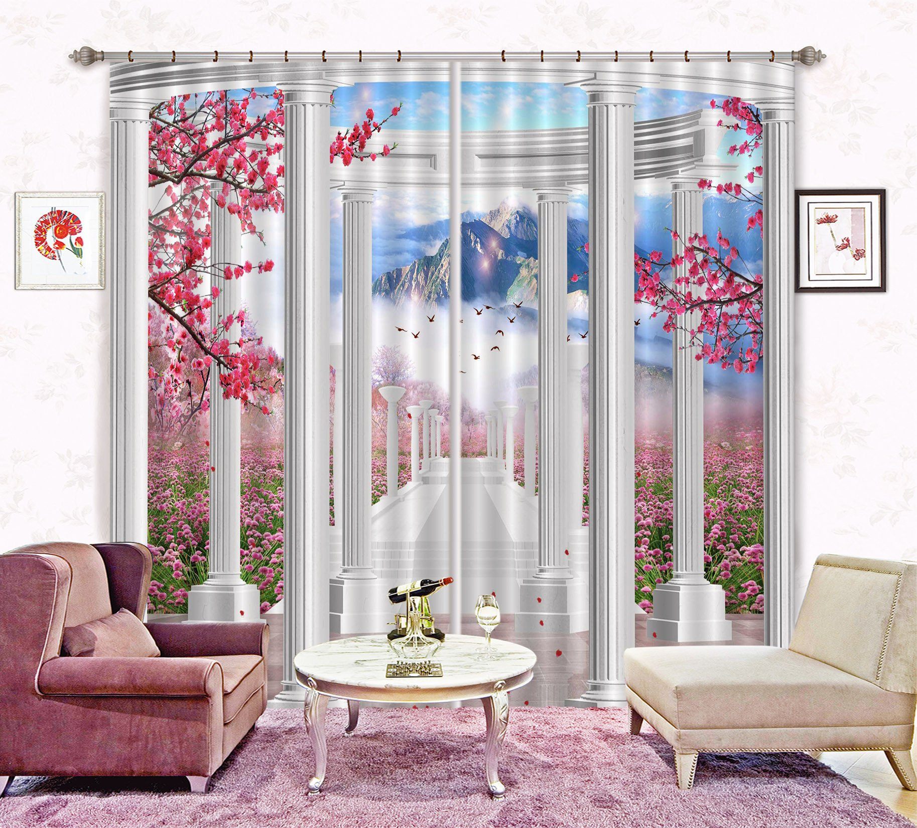 3D Pillars Corridor Flowers Curtains Drapes Wallpaper AJ Wallpaper