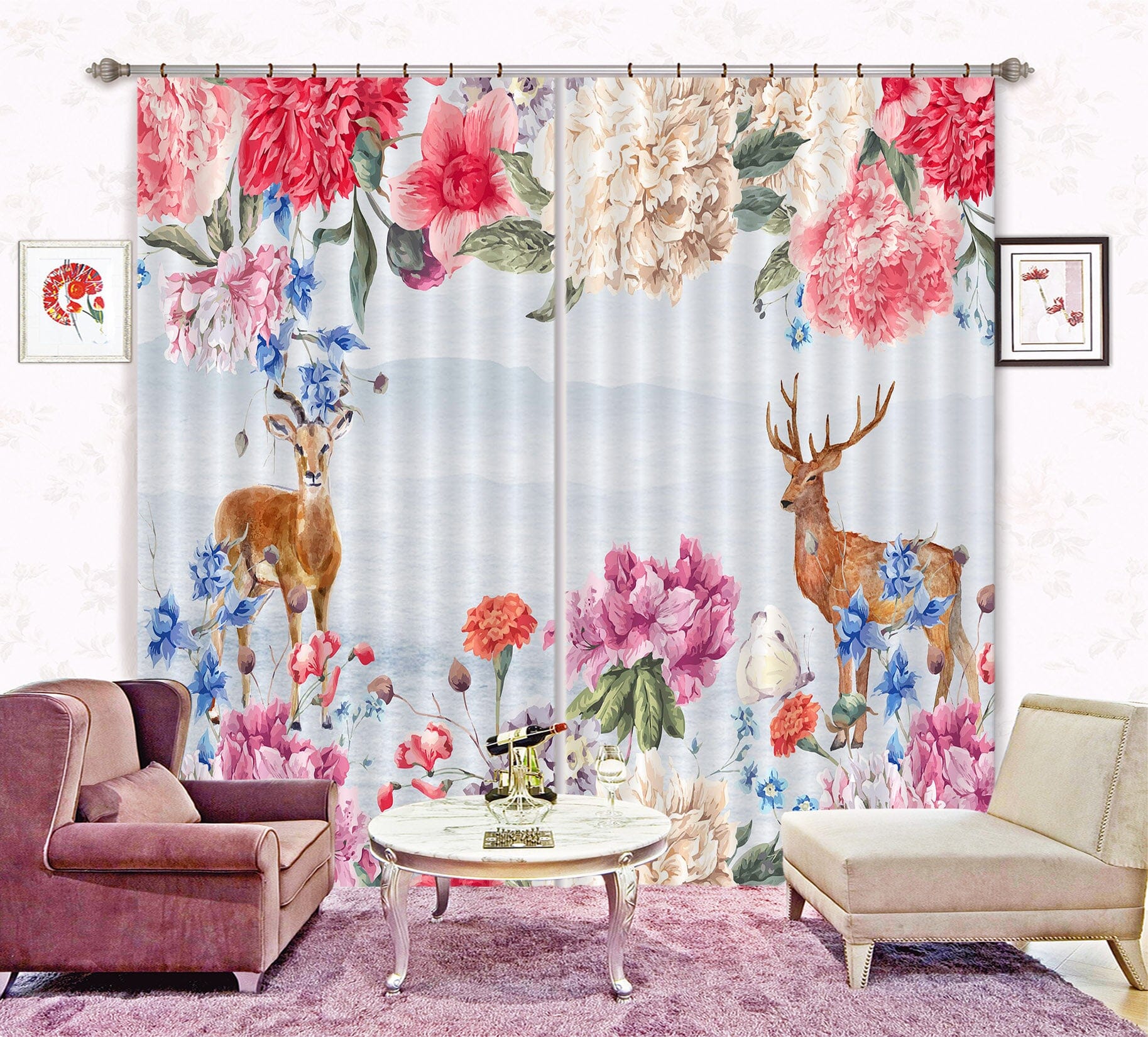 3D Flower Deer 863 Curtains Drapes Wallpaper AJ Wallpaper