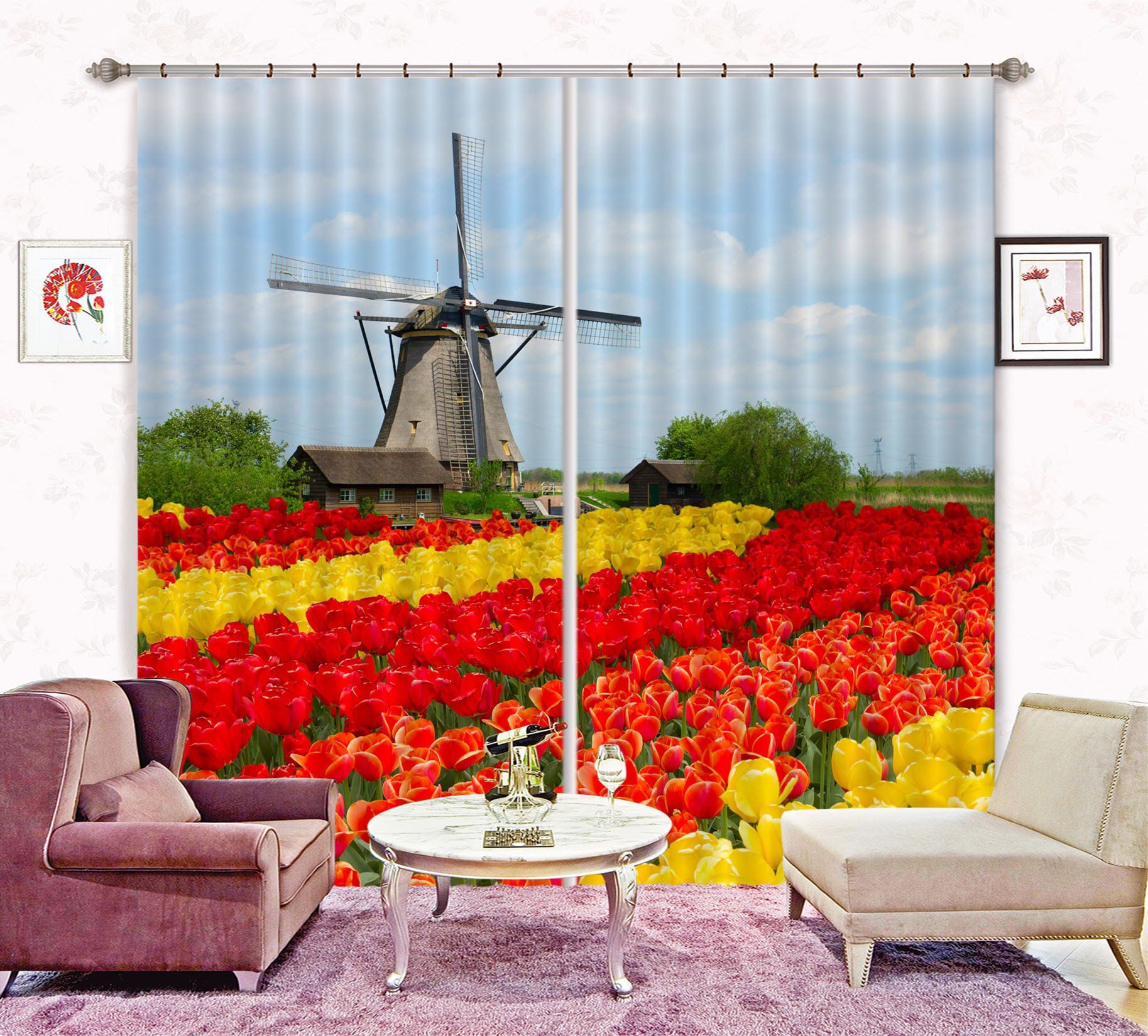3D Flowers Field Windmill Curtains Drapes Wallpaper AJ Wallpaper