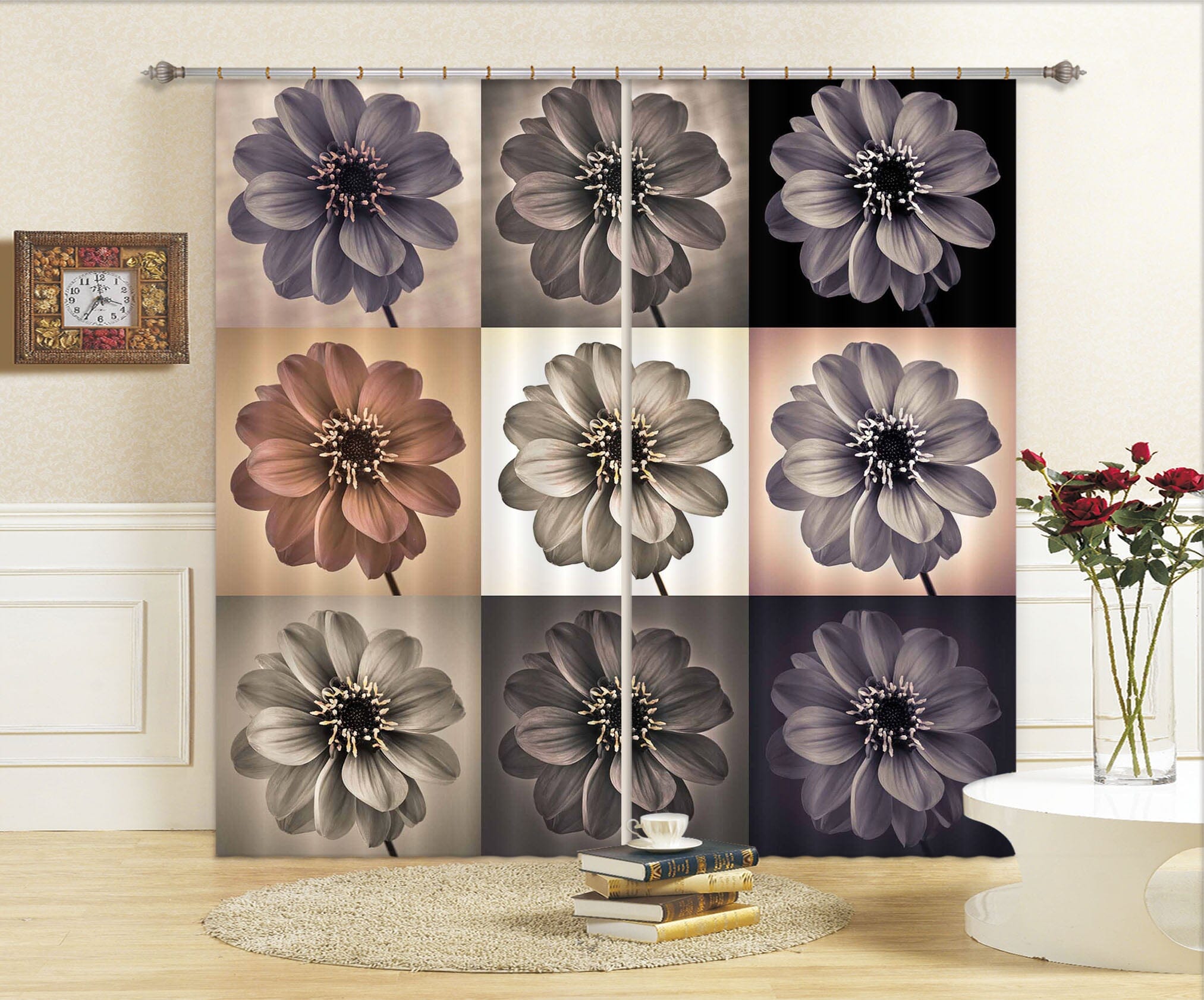 3D Grey Flowers 211 Assaf Frank Curtain Curtains Drapes Curtains AJ Creativity Home