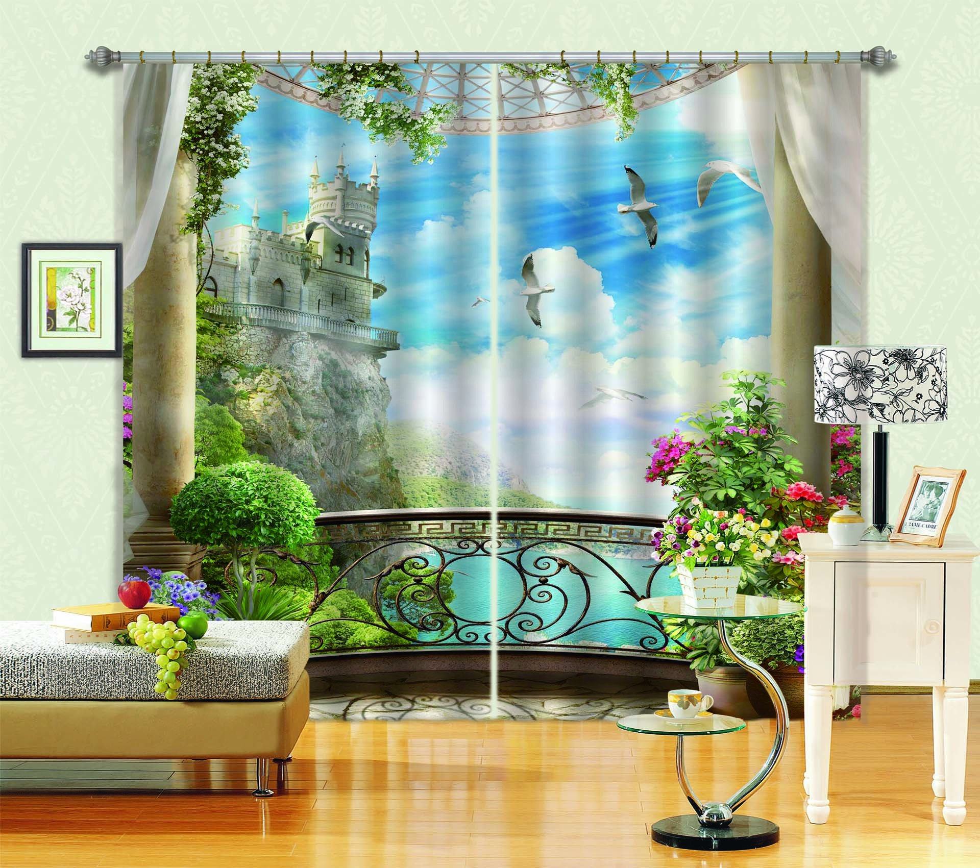 3D Lake Castle Balcony Scenery 747 Curtains Drapes Wallpaper AJ Wallpaper