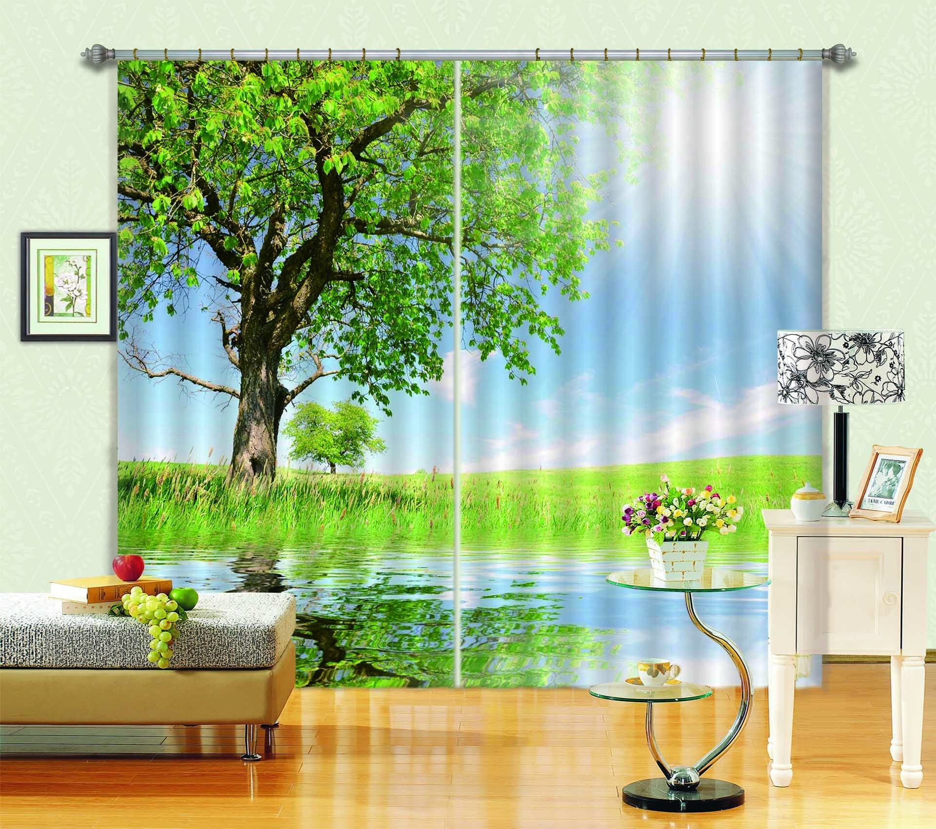3D Lakeside Grassland Tree 826 Curtains Drapes Wallpaper AJ Wallpaper