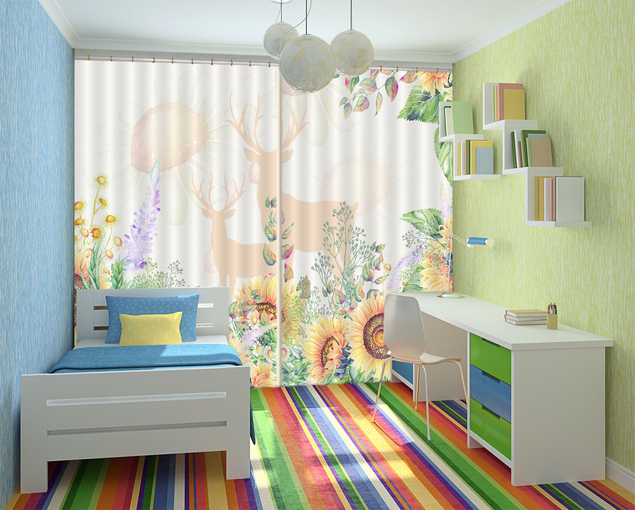 3D Flower Deer 859 Curtains Drapes Wallpaper AJ Wallpaper