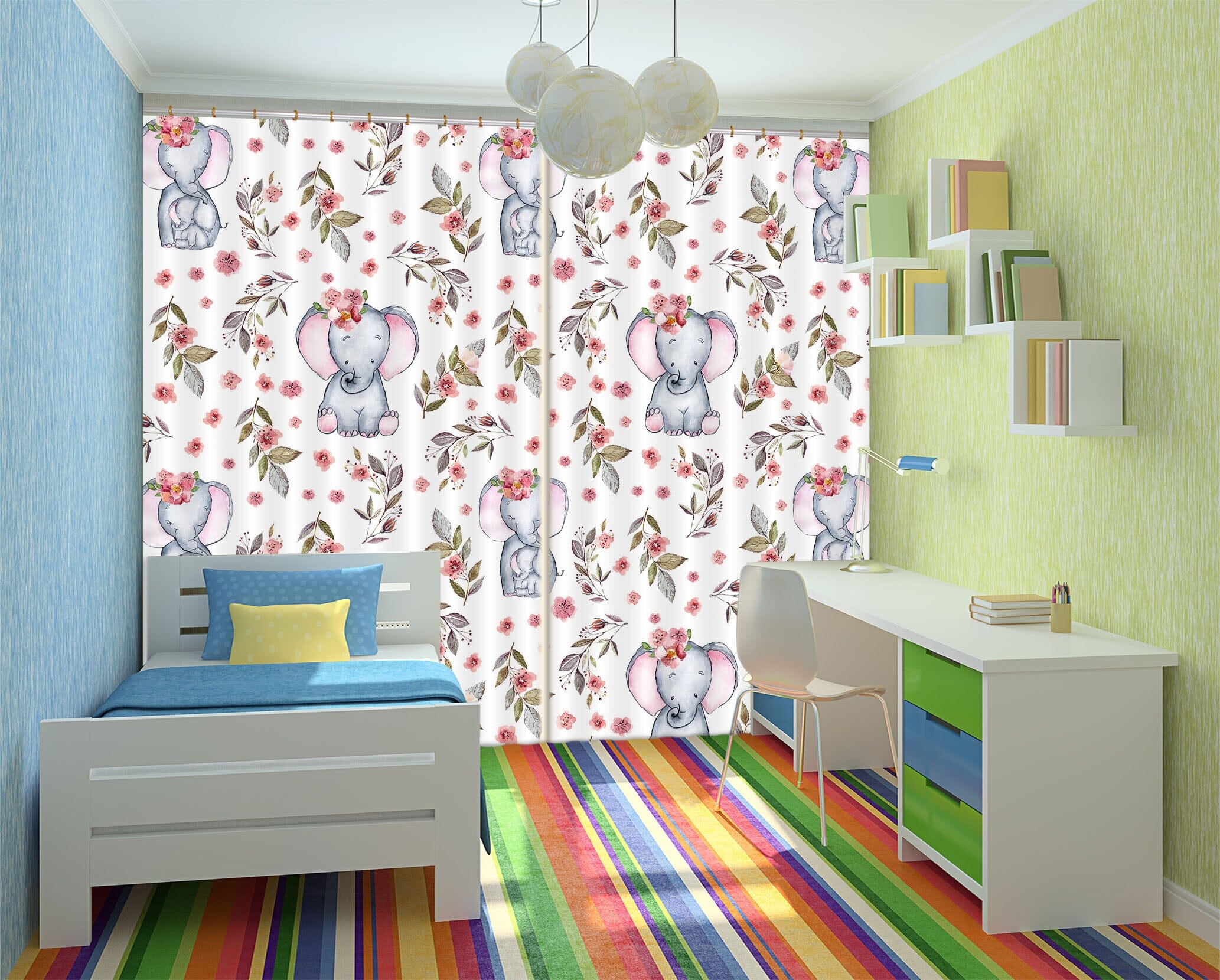3D Elephant Pink Flower 144 Uta Naumann Curtain Curtains Drapes Curtains AJ Creativity Home