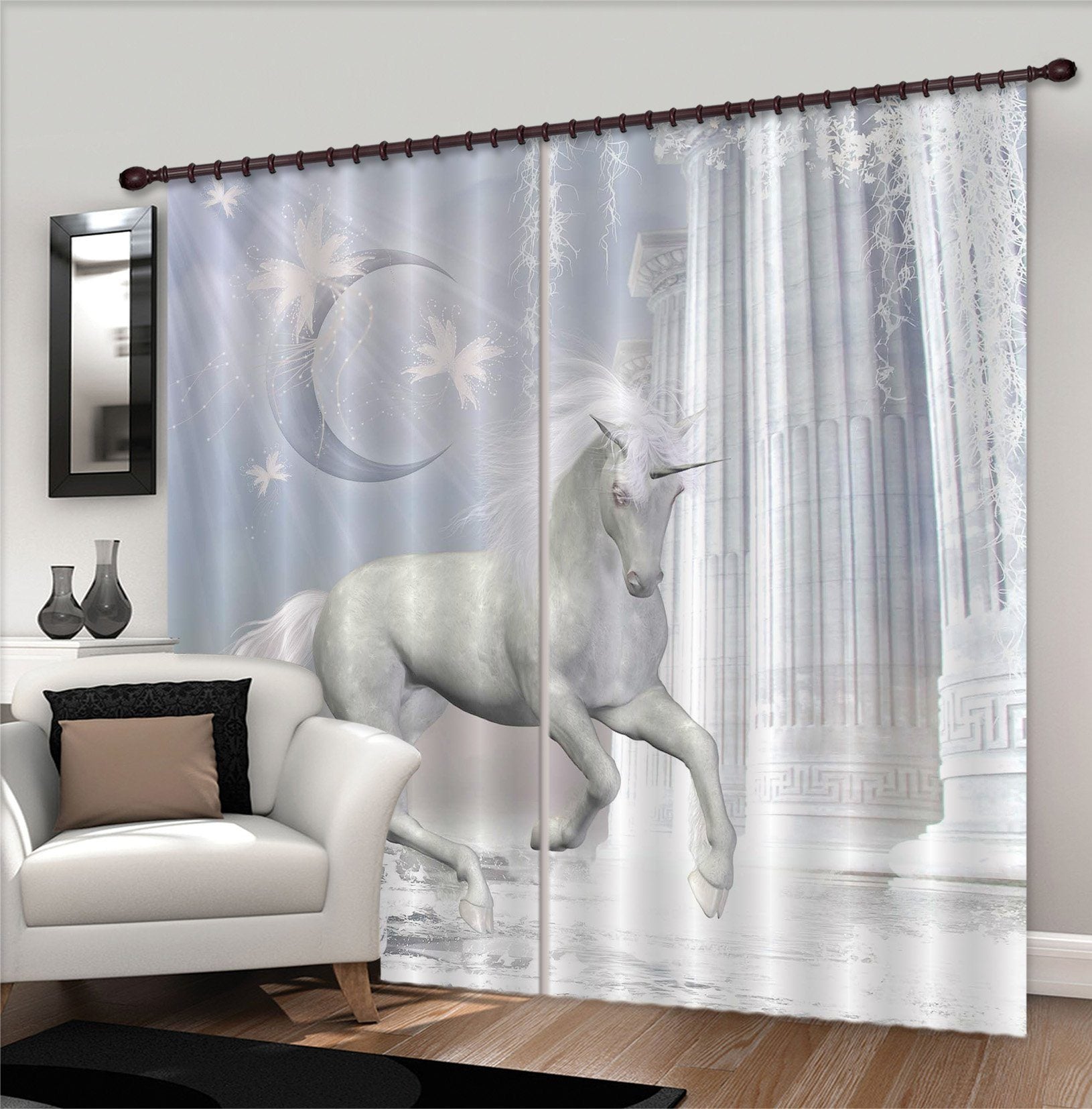3D Moon Pillar Unicorns 087 Curtains Drapes Curtains AJ Creativity Home
