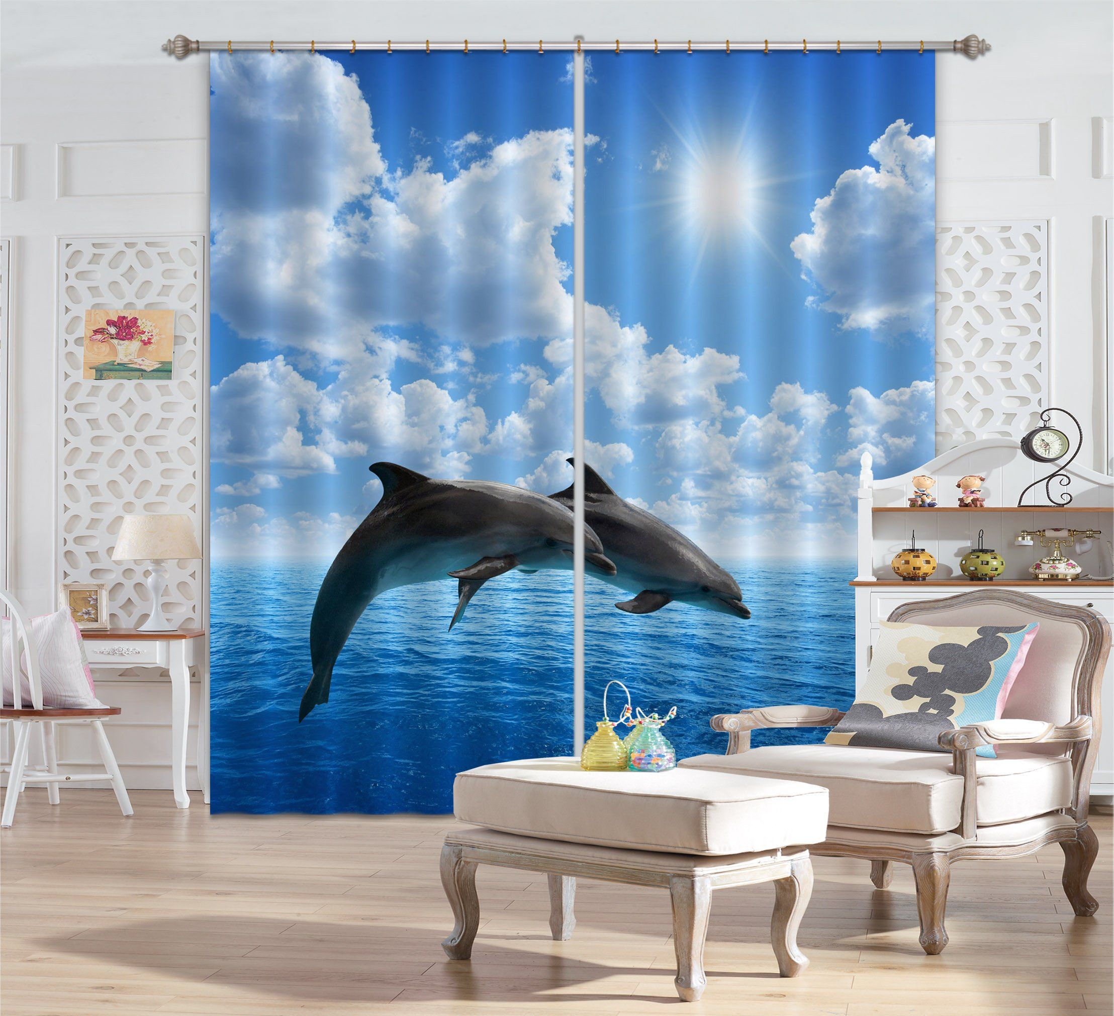 3D Sea Jumping Dolphins 795 Curtains Drapes Wallpaper AJ Wallpaper