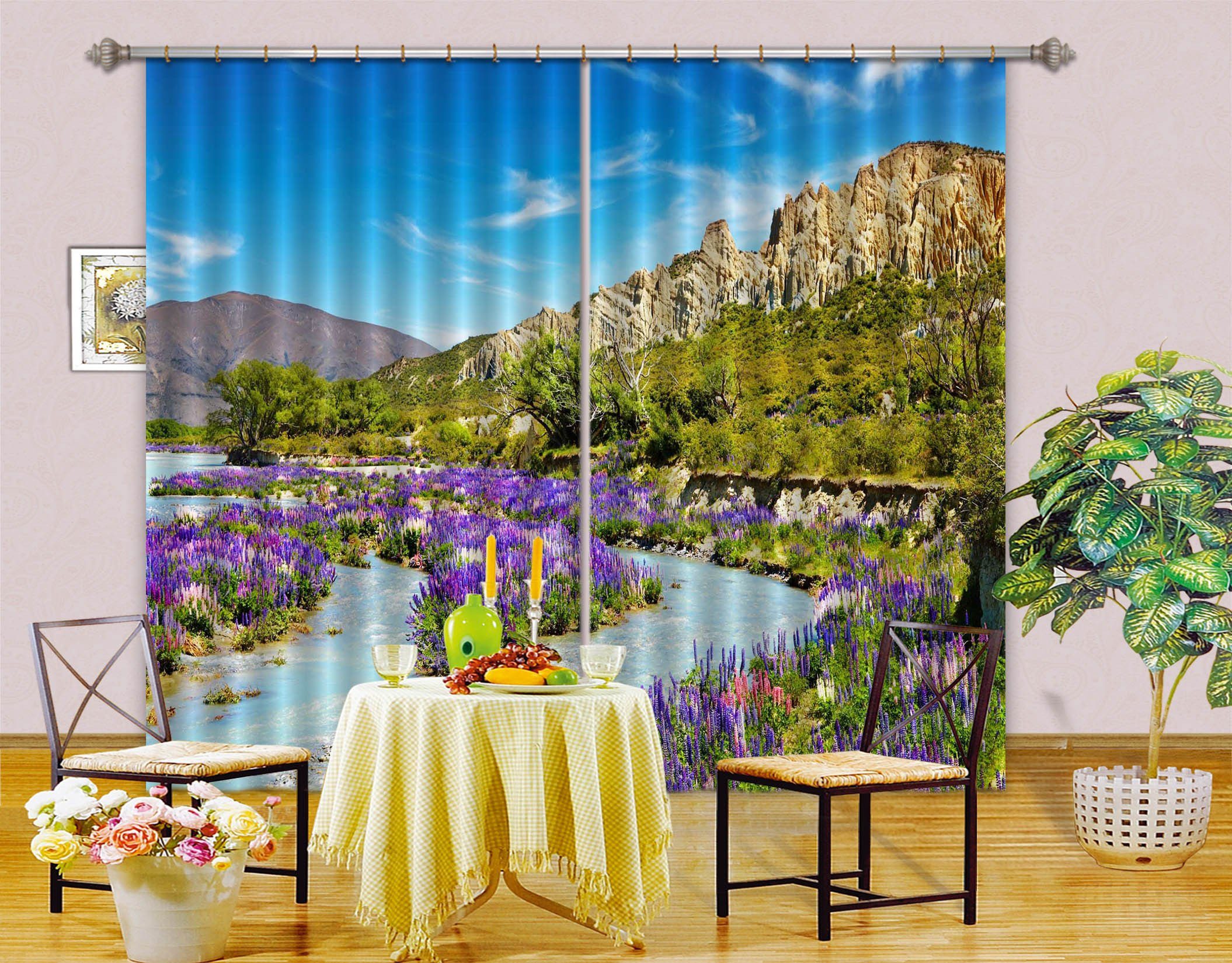 3D Flowers River Curtains Drapes Wallpaper AJ Wallpaper