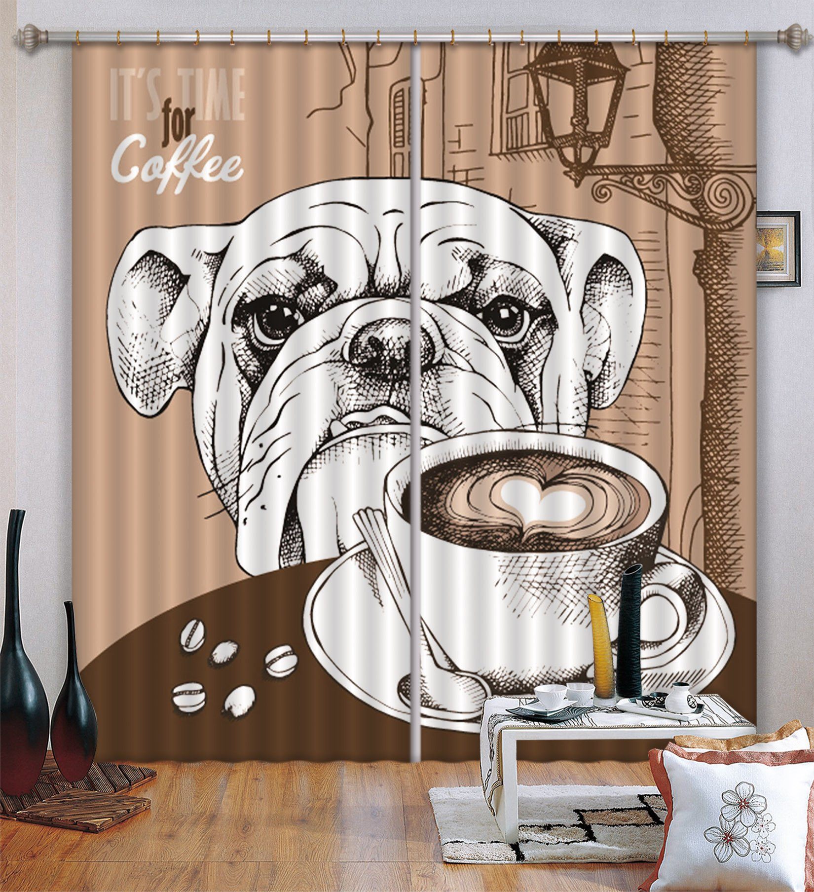 3D Dog And Coffee Curtains Drapes Wallpaper AJ Wallpaper
