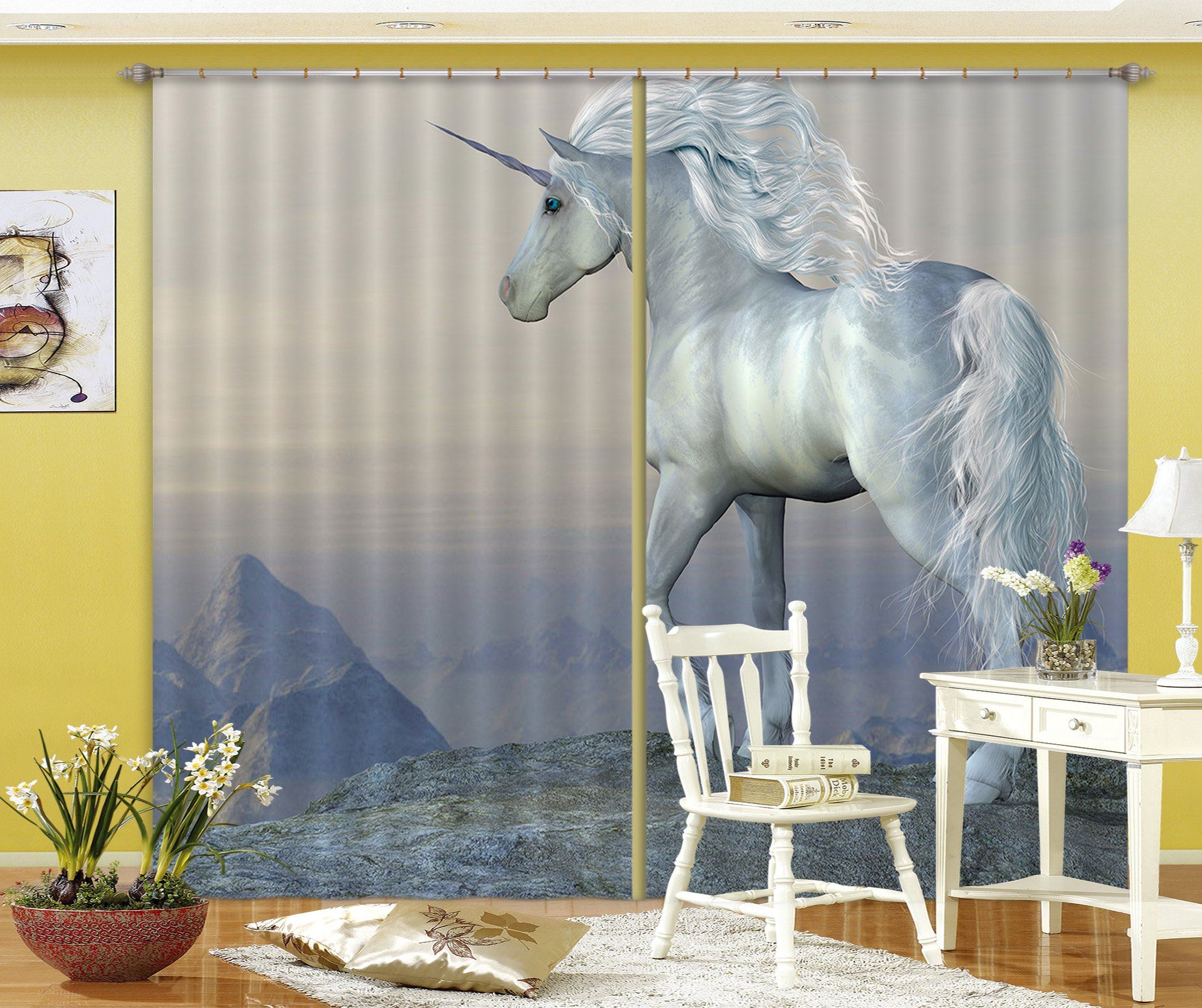 3D Cliff Unicorn 078 Curtains Drapes Curtains AJ Creativity Home