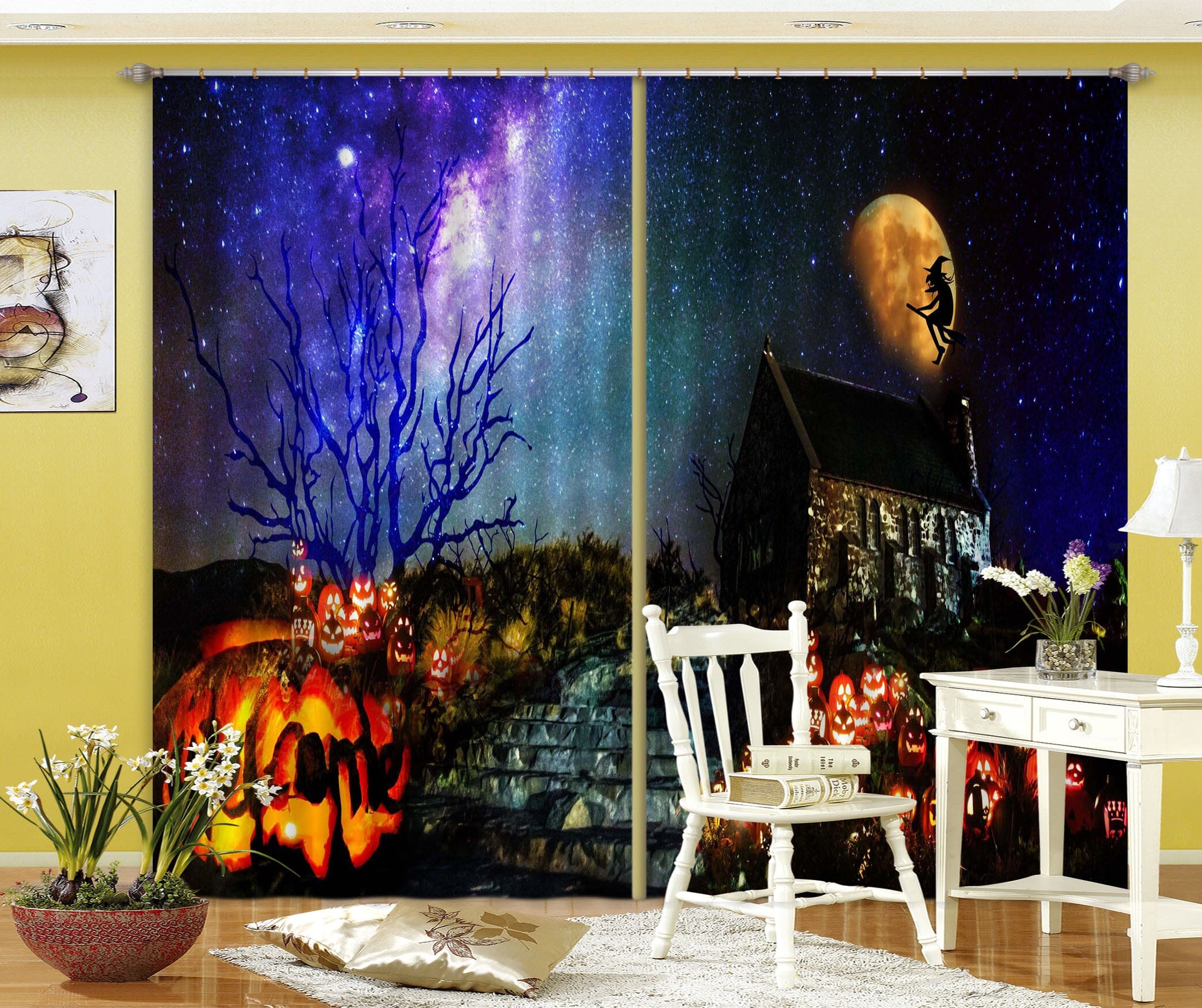 3D Moon Witch Pumpkin Light 036 Halloween Curtains Drapes Curtains AJ Creativity Home