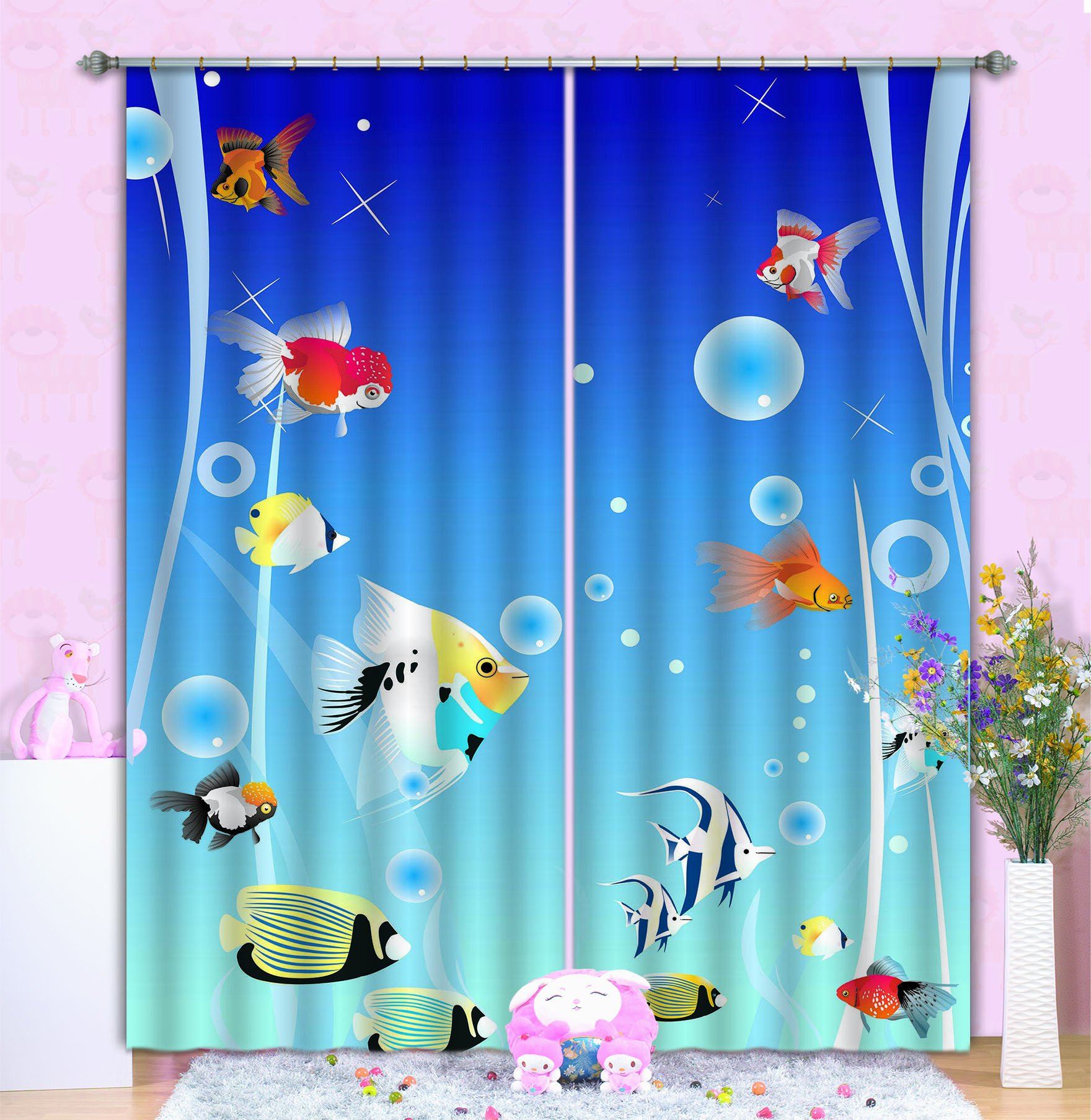 3D Sea Swimming Fishes 740 Curtains Drapes Wallpaper AJ Wallpaper