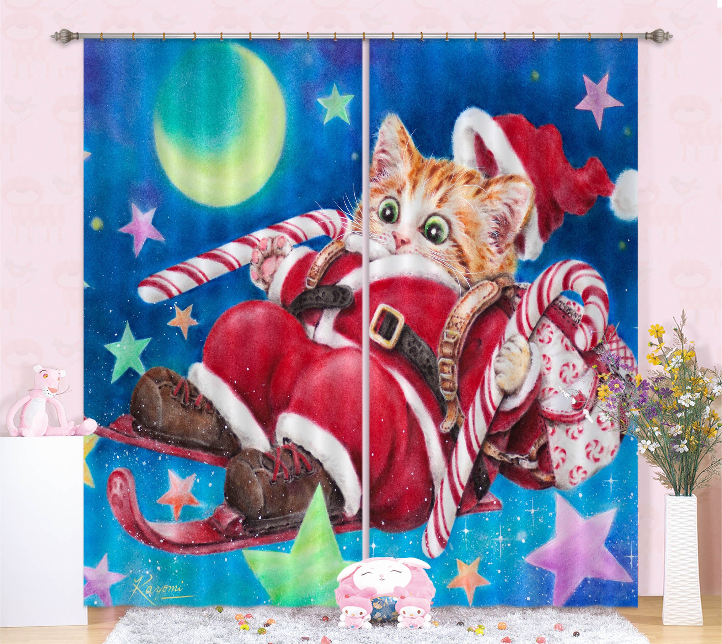 3D Christmas Cat Moon 9055 Kayomi Harai Curtain Curtains Drapes