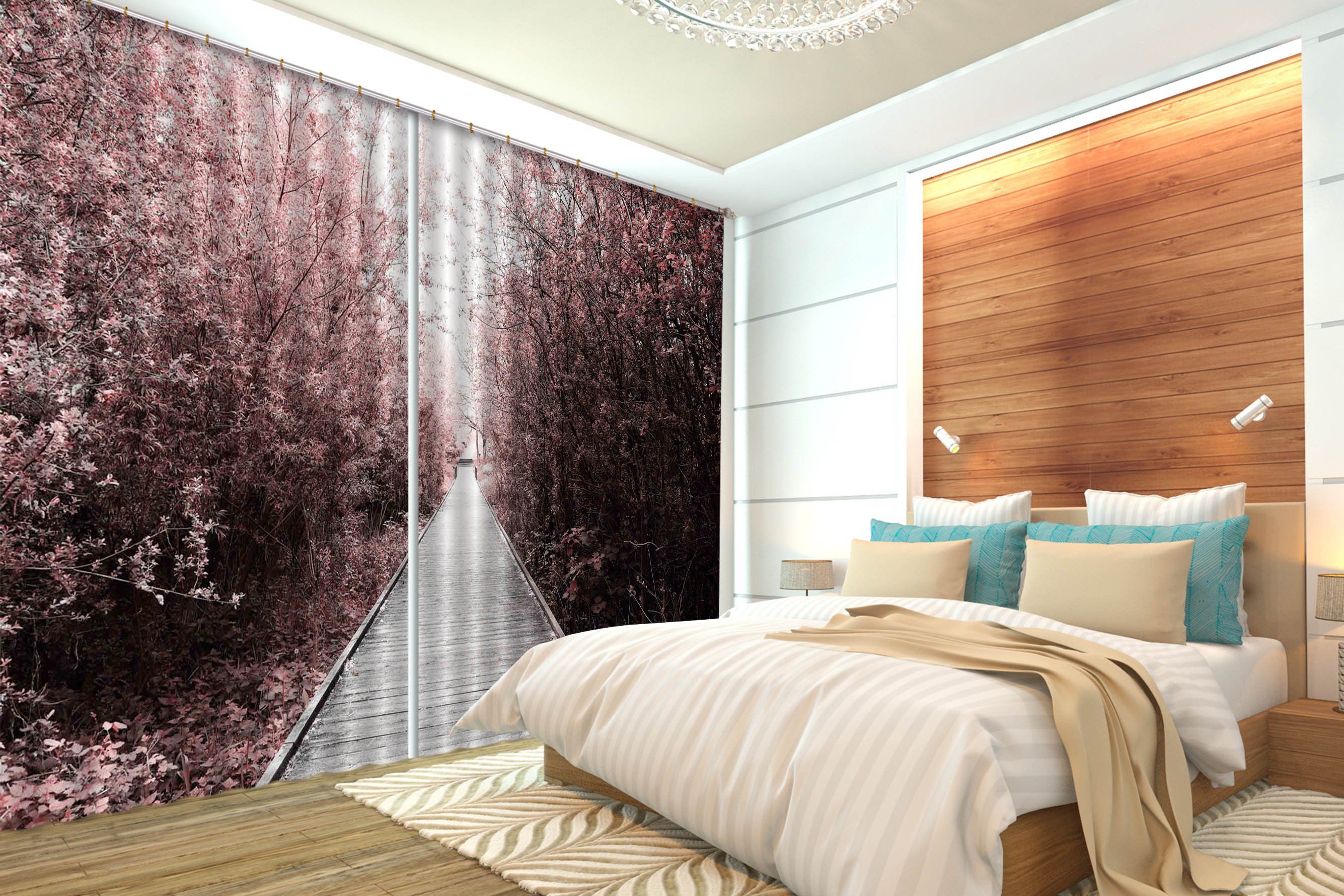 3D Pink Trees Wooden Road 406 Curtains Drapes Wallpaper AJ Wallpaper