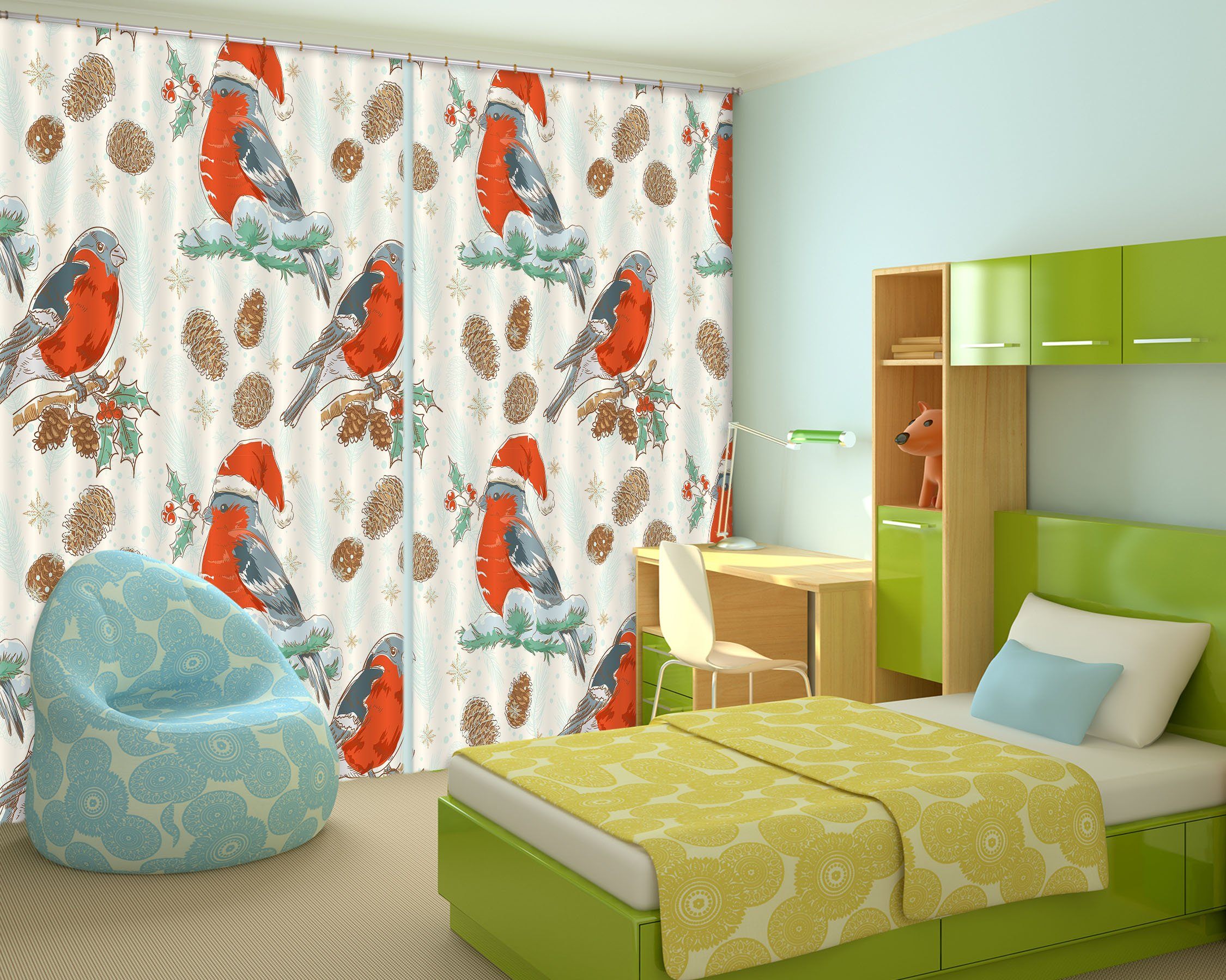 3D Cute Bird Branch 70 Curtains Drapes Curtains AJ Creativity Home