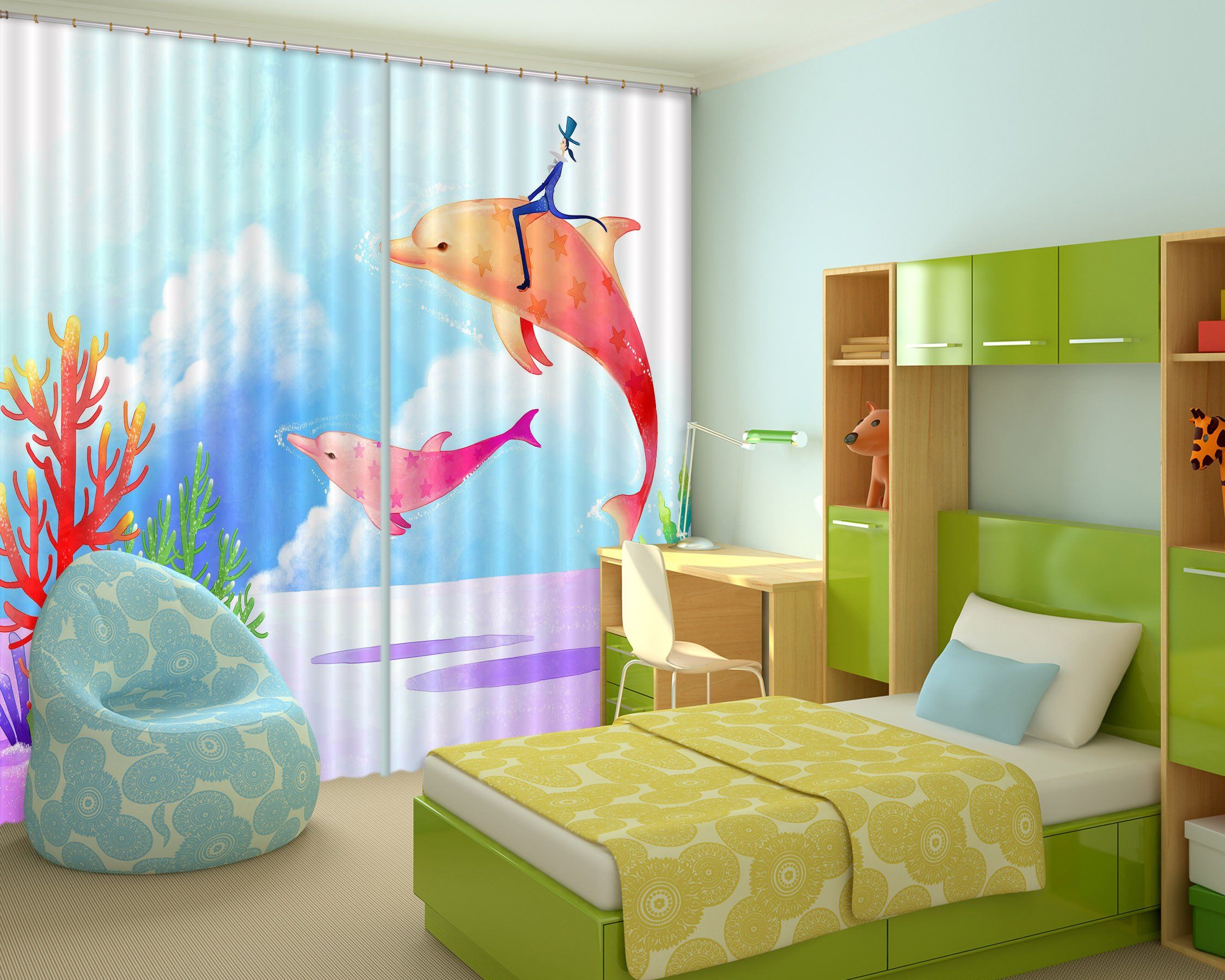 3D Dolphins Rider 437 Curtains Drapes Wallpaper AJ Wallpaper