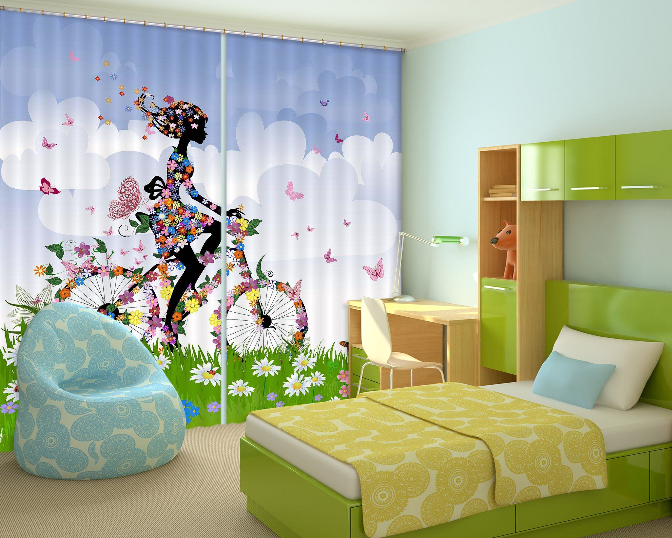 3D Flowers Girl Bike 2259 Curtains Drapes Wallpaper AJ Wallpaper