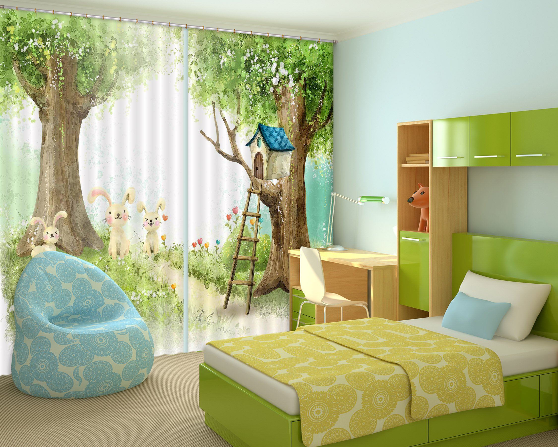 3D Tree Rabbits House 2428 Curtains Drapes Wallpaper AJ Wallpaper 