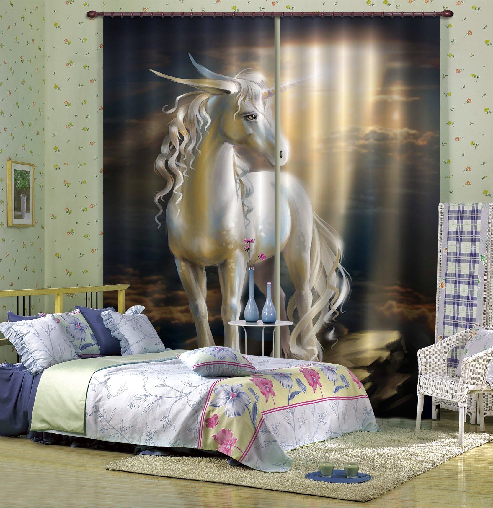 3D Light Transmission Unicorn 079 Curtains Drapes Curtains AJ Creativity Home
