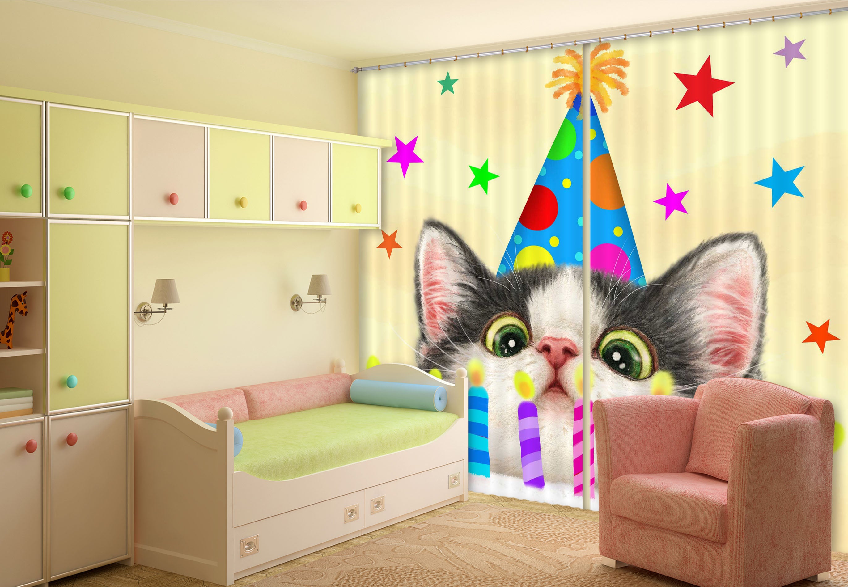 3D Birthday Cat 9017 Kayomi Harai Curtain Curtains Drapes