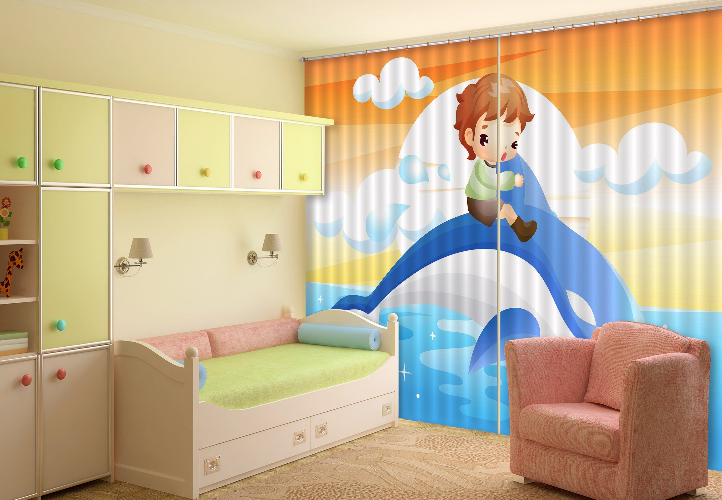 3D Lovely Dolphin And Kid 693 Curtains Drapes Wallpaper AJ Wallpaper