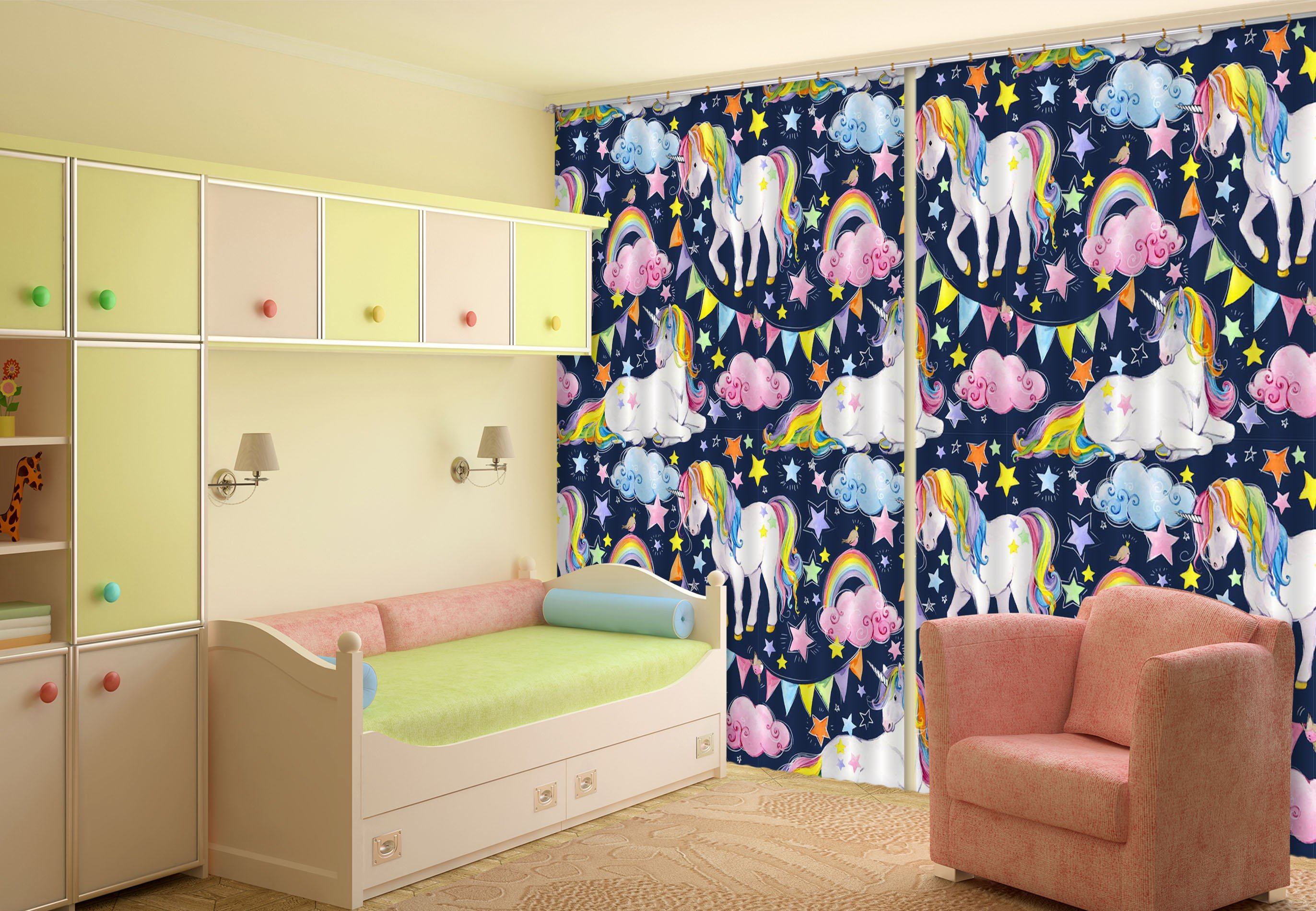 3D Cartoon Moon Unicorns 092 Curtains Drapes Curtains AJ Creativity Home