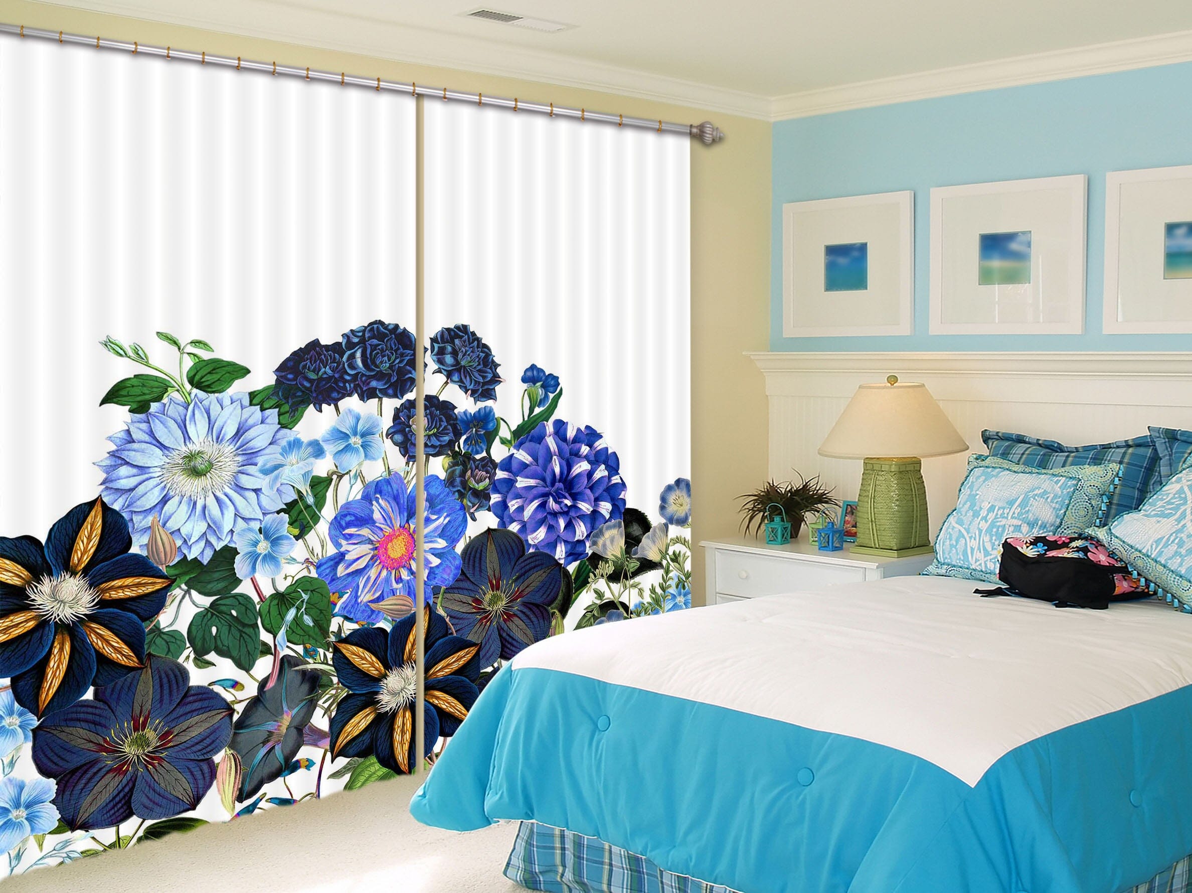 3D Blue Bouquet 209 Uta Naumann Curtain Curtains Drapes Curtains AJ Creativity Home