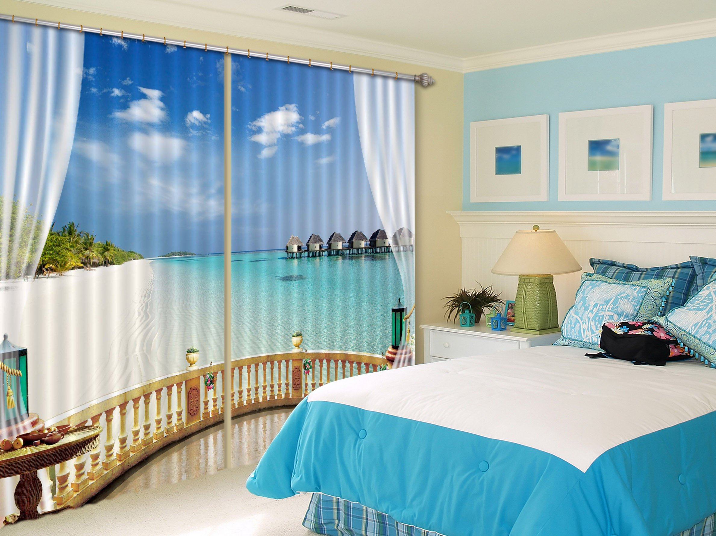 3D Balcony Beach Scenery Curtains Drapes Wallpaper AJ Wallpaper