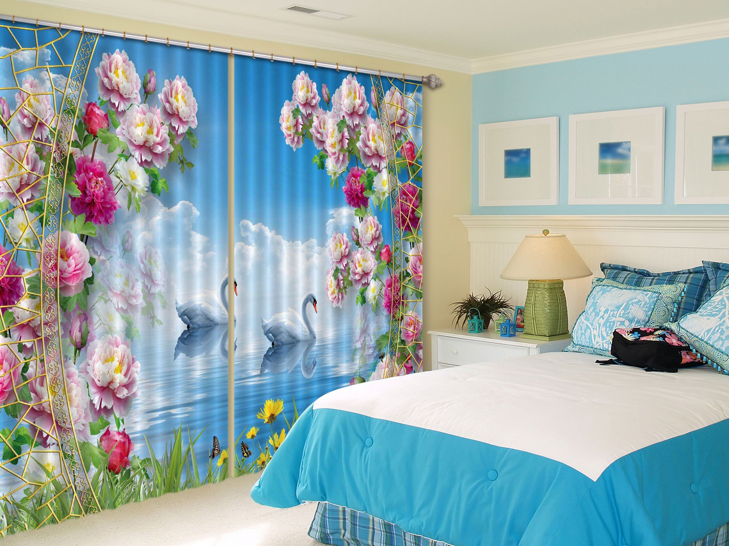 3D Flowers Sea Swans Curtains Drapes Wallpaper AJ Wallpaper
