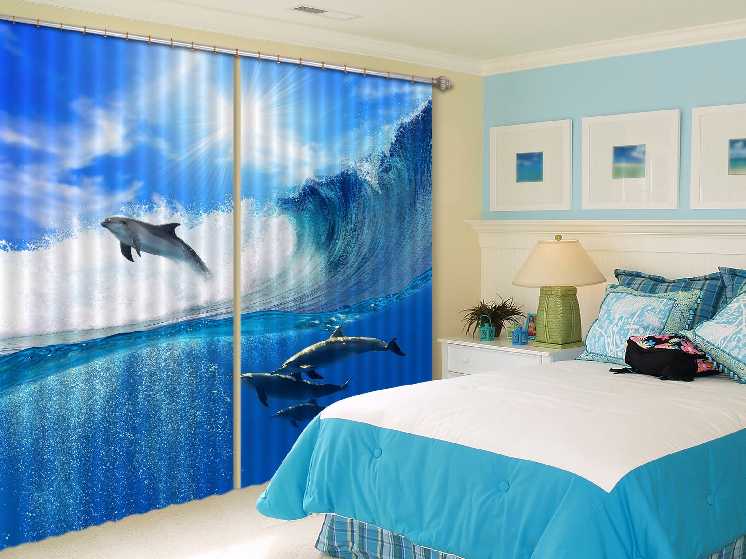 3D Sea Surfing Dolphins 176 Curtains Drapes Wallpaper AJ Wallpaper