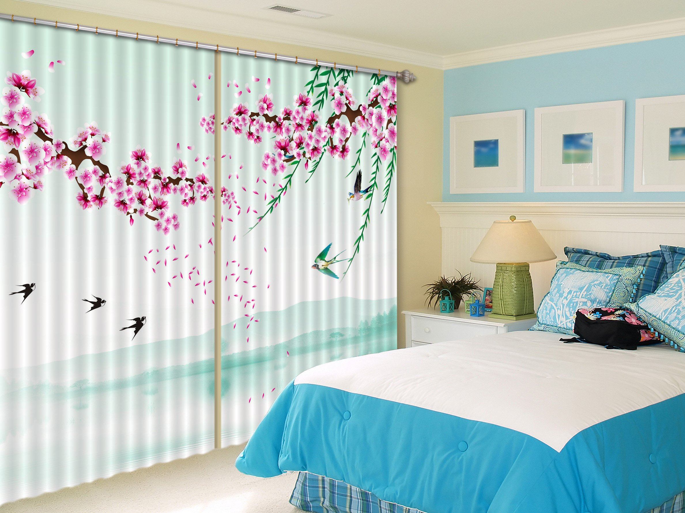 3D Swallows And Flowers 164 Curtains Drapes Wallpaper AJ Wallpaper