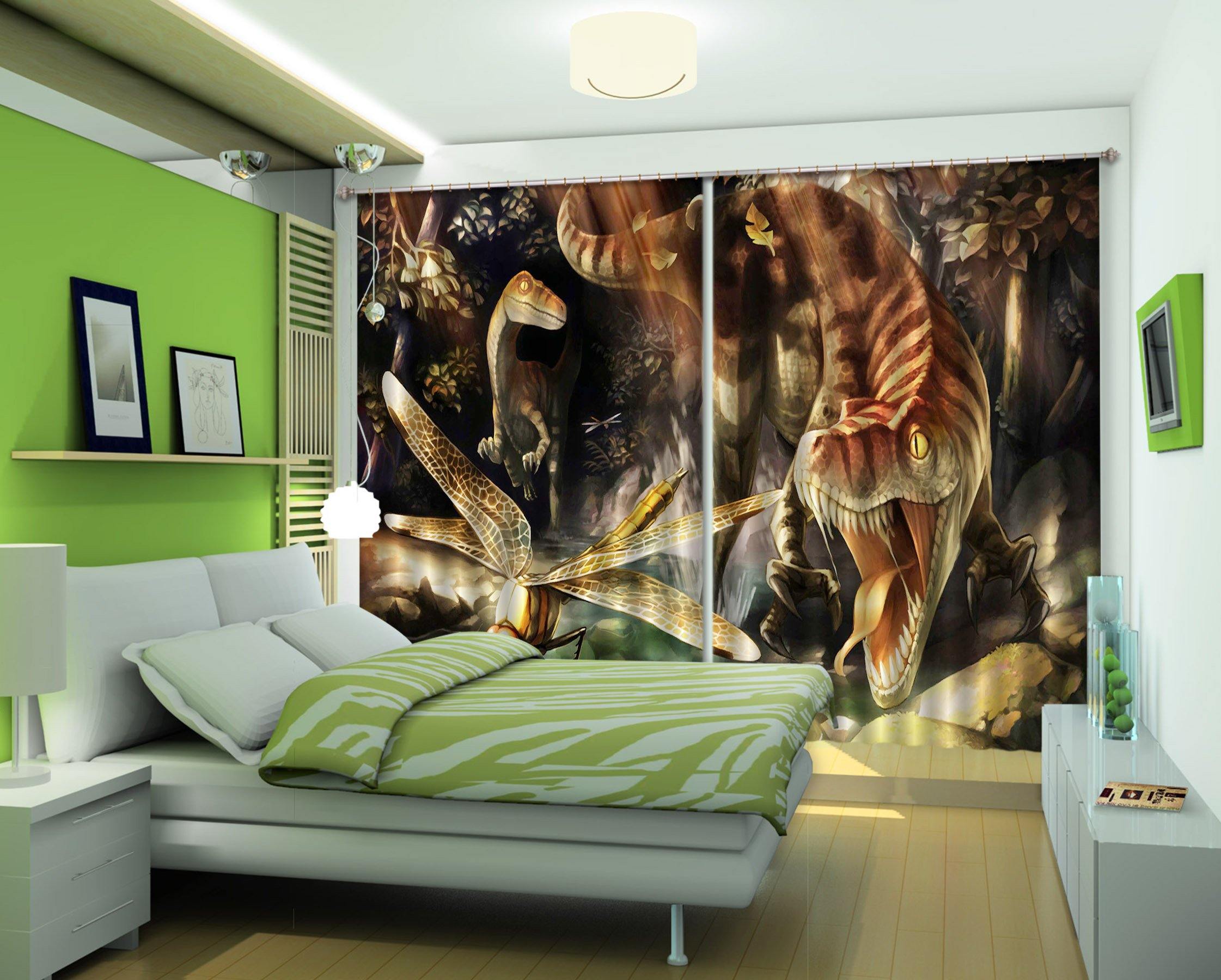 3D Tyrannosaurus Dragonfly 171 Curtains Drapes Curtains AJ Creativity Home