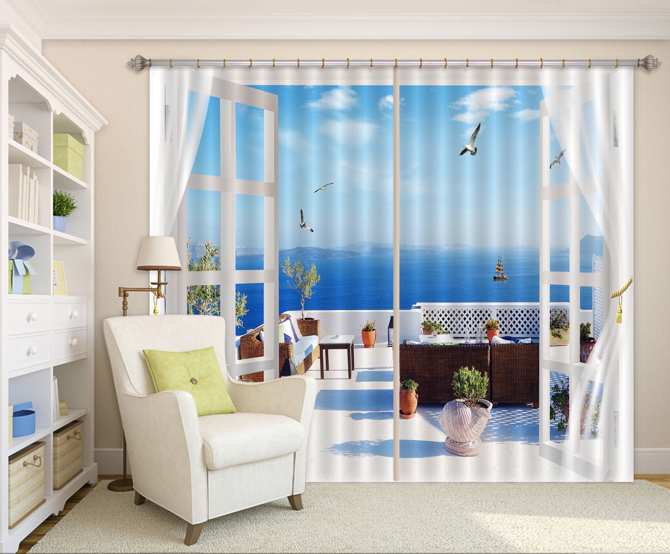 3D Balcony Lake Scenery 15 Curtains Drapes Wallpaper AJ Wallpaper