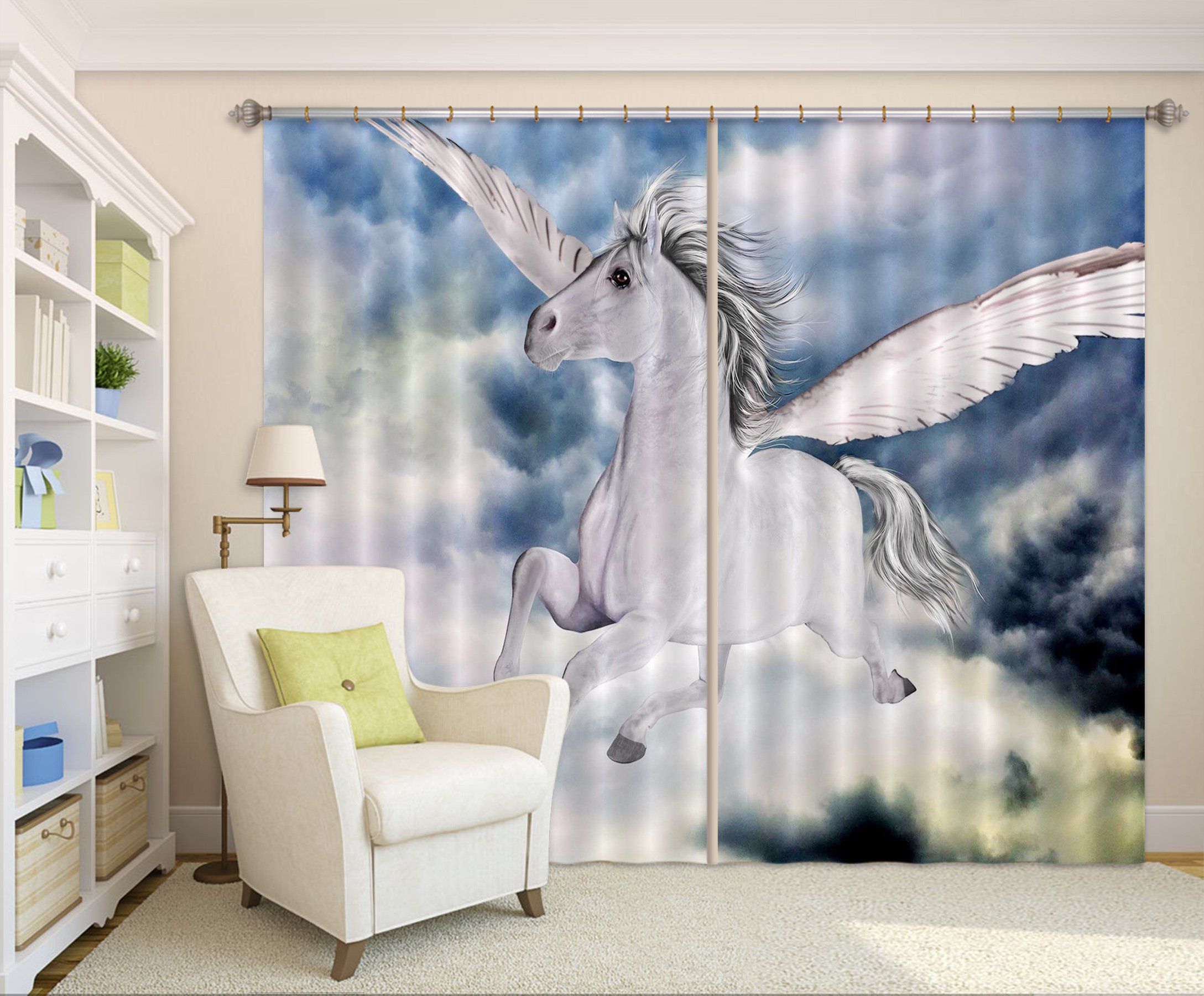 3D Flying White Clouds Unicorns 101 Curtains Drapes Curtains AJ Creativity Home