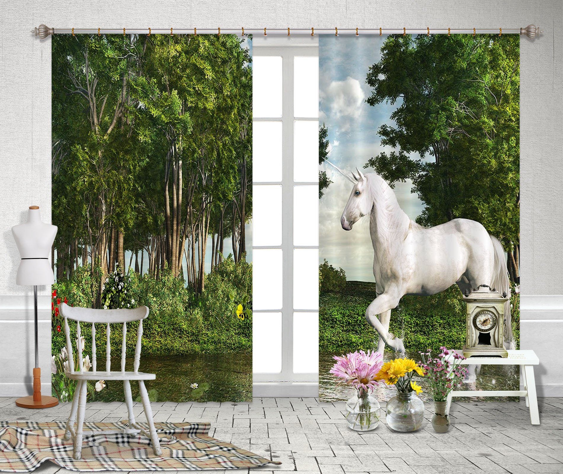 3D Forest Tread Water Unicorn 075 Curtains Drapes Curtains AJ Creativity Home