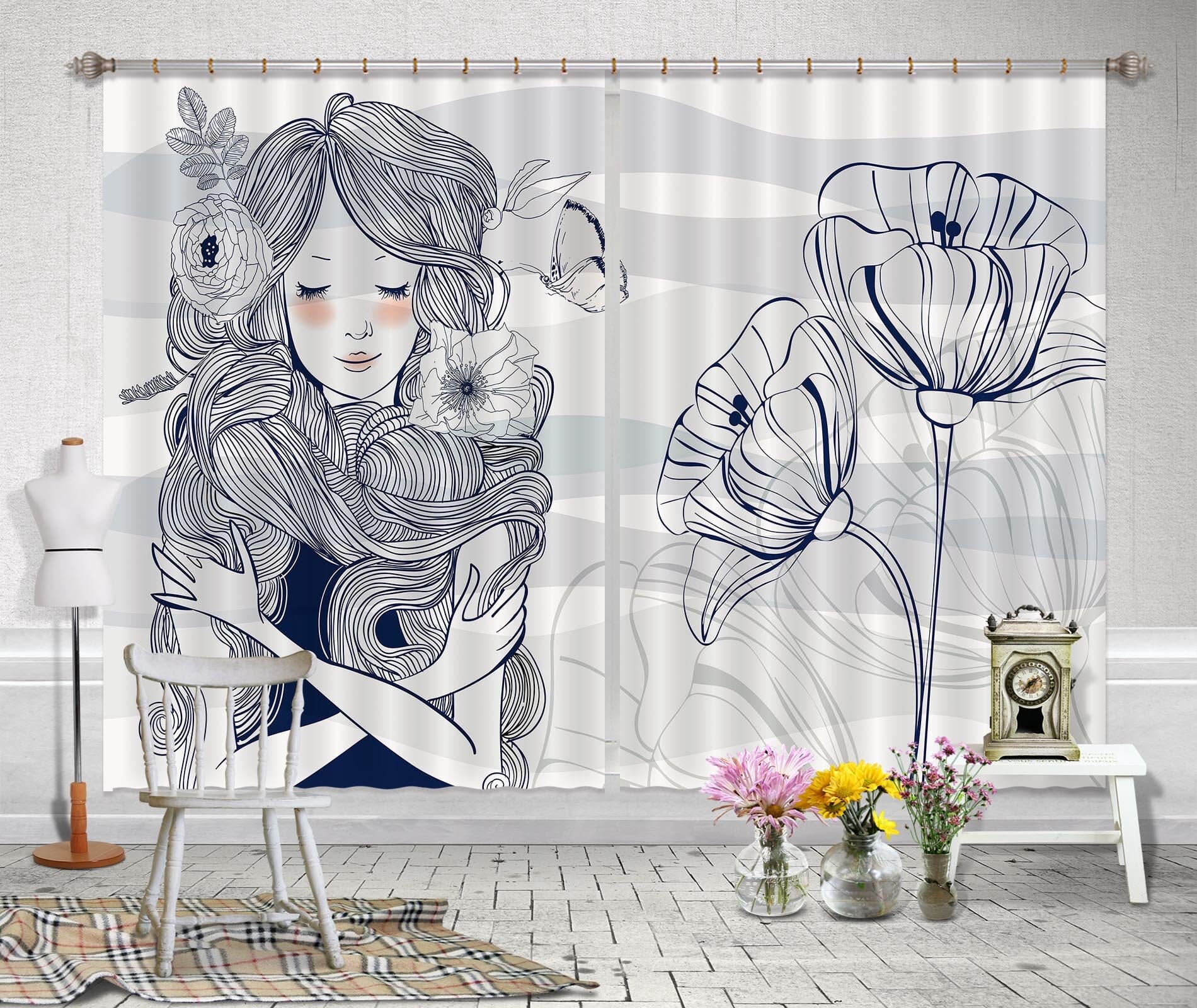 3D Lotus Girl 718 Curtains Drapes Wallpaper AJ Wallpaper